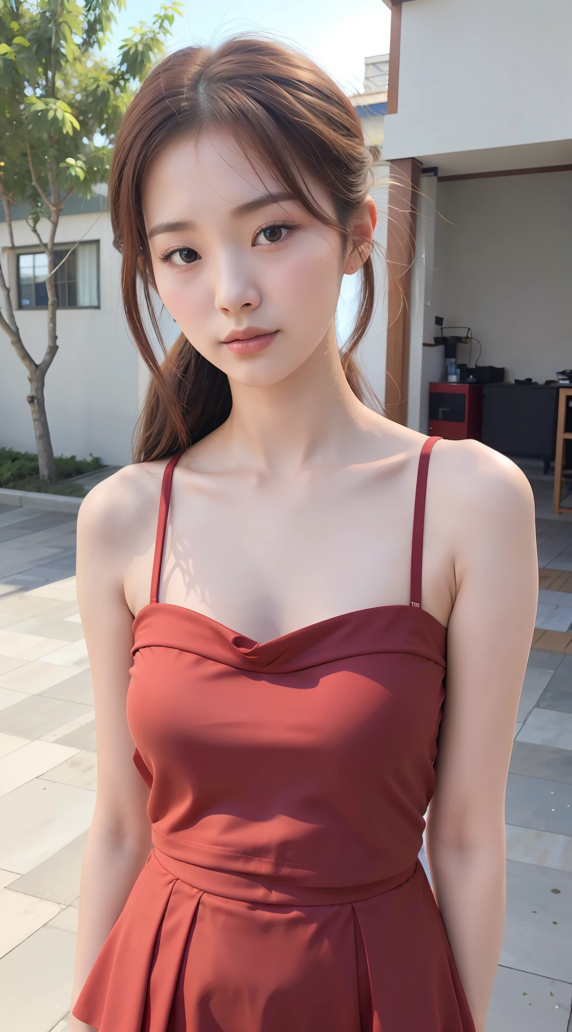 a woman in a red dress posing for a picture, gorgeous young korean woman, photo of slim girl, wearing two - piece swimsuit, korean girl, beautiful asian girl, wearing red tank top, sakimi chan, beautiful south korean woman, cute girl wearing tank suit, photo of slim girl model, beautiful young korean woman, open v chest clothes