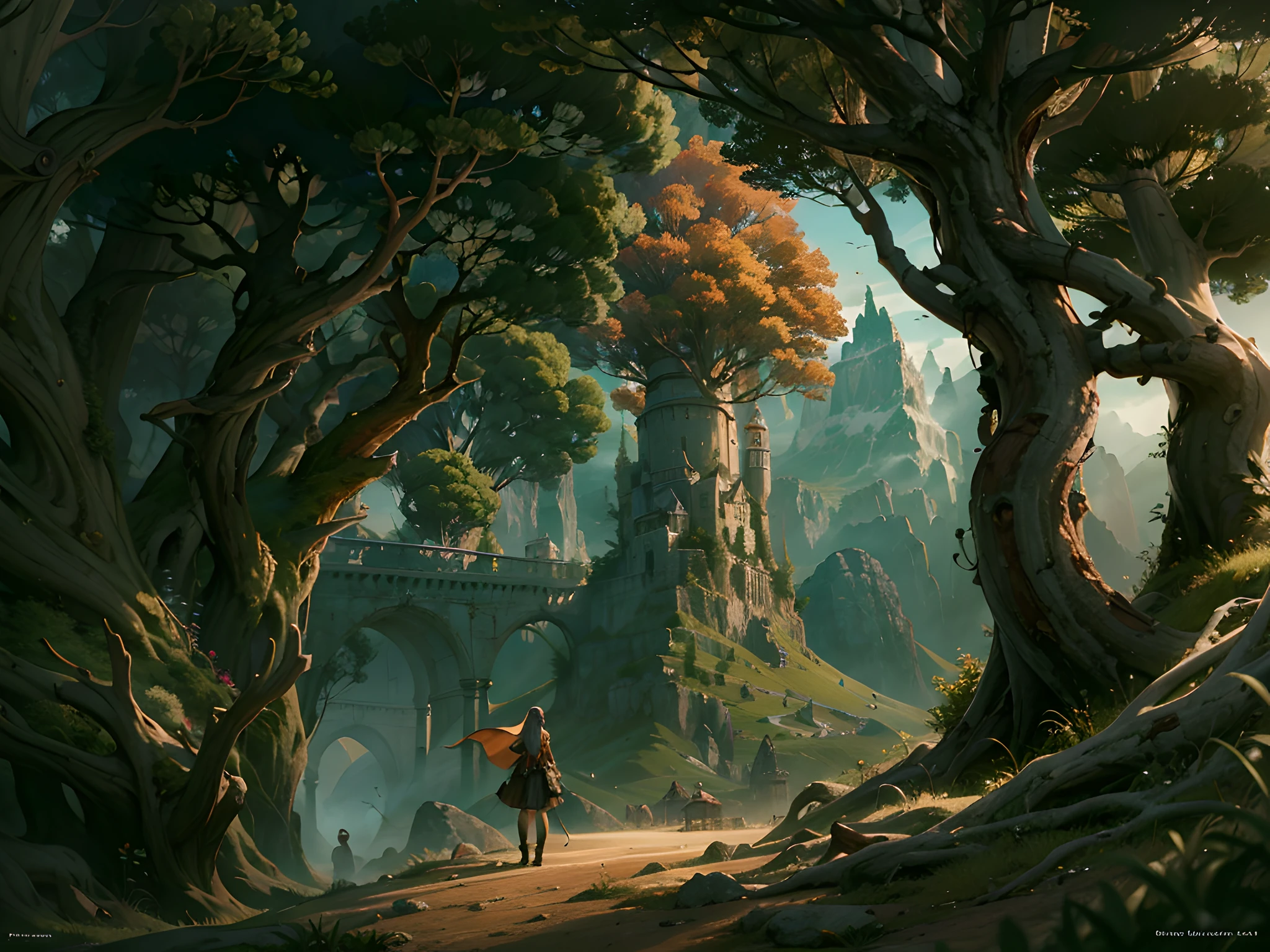 (Obra maestra), (La mejor calidad), (Amazing digital illustrations), atmospheric scene inspired by a fantasy film by Peter Jackson, Paisaje impresionante, towering mountains, frondosos bosques, Valles brumosos, Estructuras impresionantes, Personajes diversos y vibrantes, Participar en un momento crucial, Dramatic lighting, vivid colors, Detalles intrincados, expertly capturing the essence of an epic cinematic experience