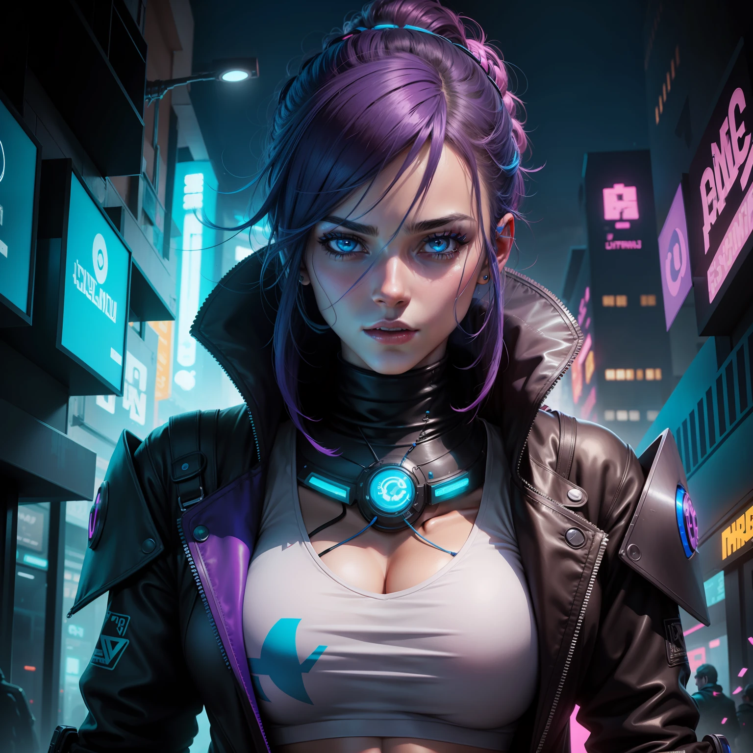 Personagem feminina de capuz, cyberpunk, neon azul