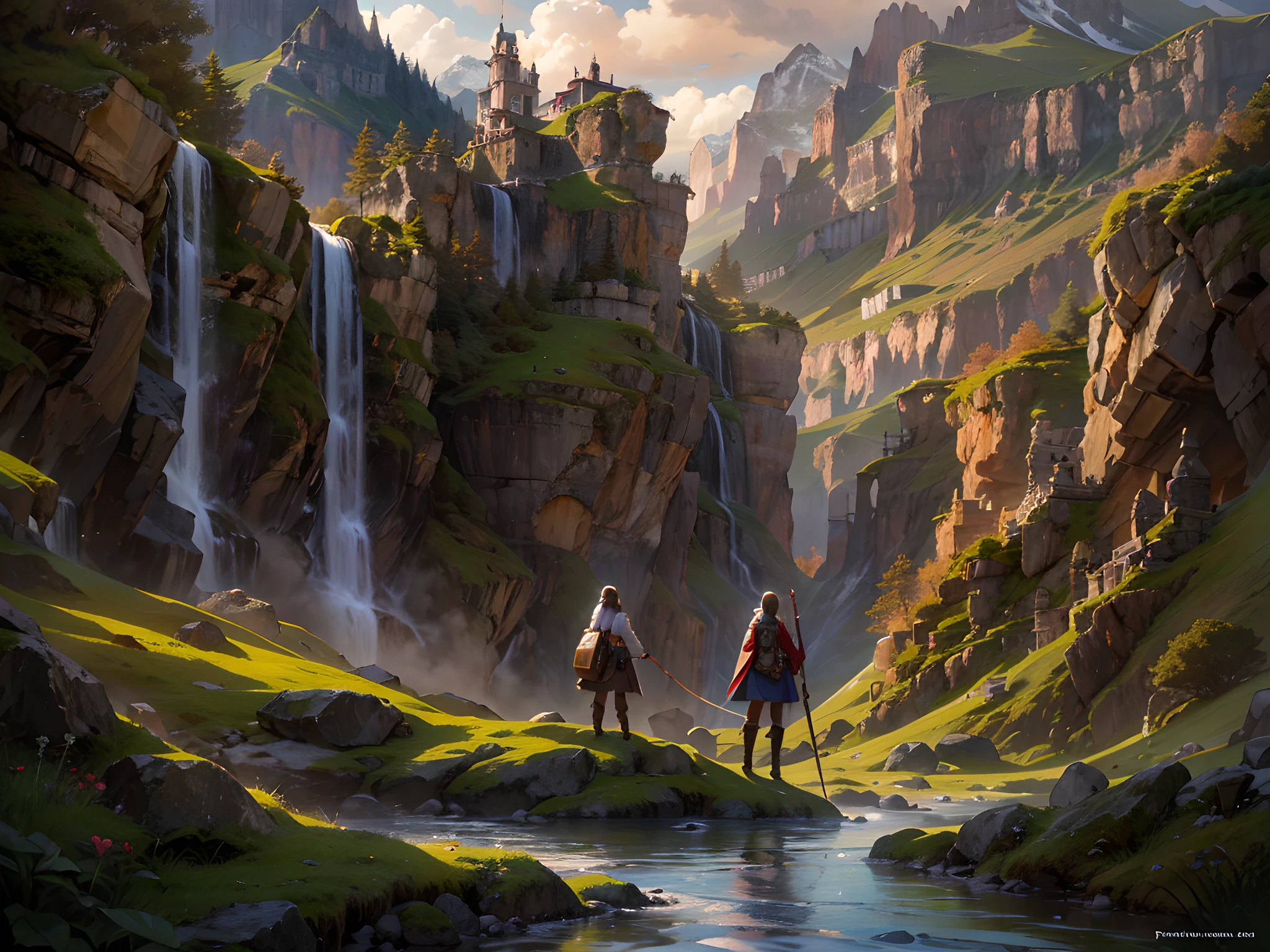 (Obra maestra), (La mejor calidad), (Amazing digital illustrations), atmospheric scene inspired by a fantasy film by Peter Jackson, Paisaje impresionante, towering mountains, frondosos bosques, Valles brumosos, Estructuras impresionantes, Personajes diversos y vibrantes, Participar en un momento crucial, Dramatic lighting, vivid colors, Detalles intrincados, expertly capturing the essence of an epic cinematic experience