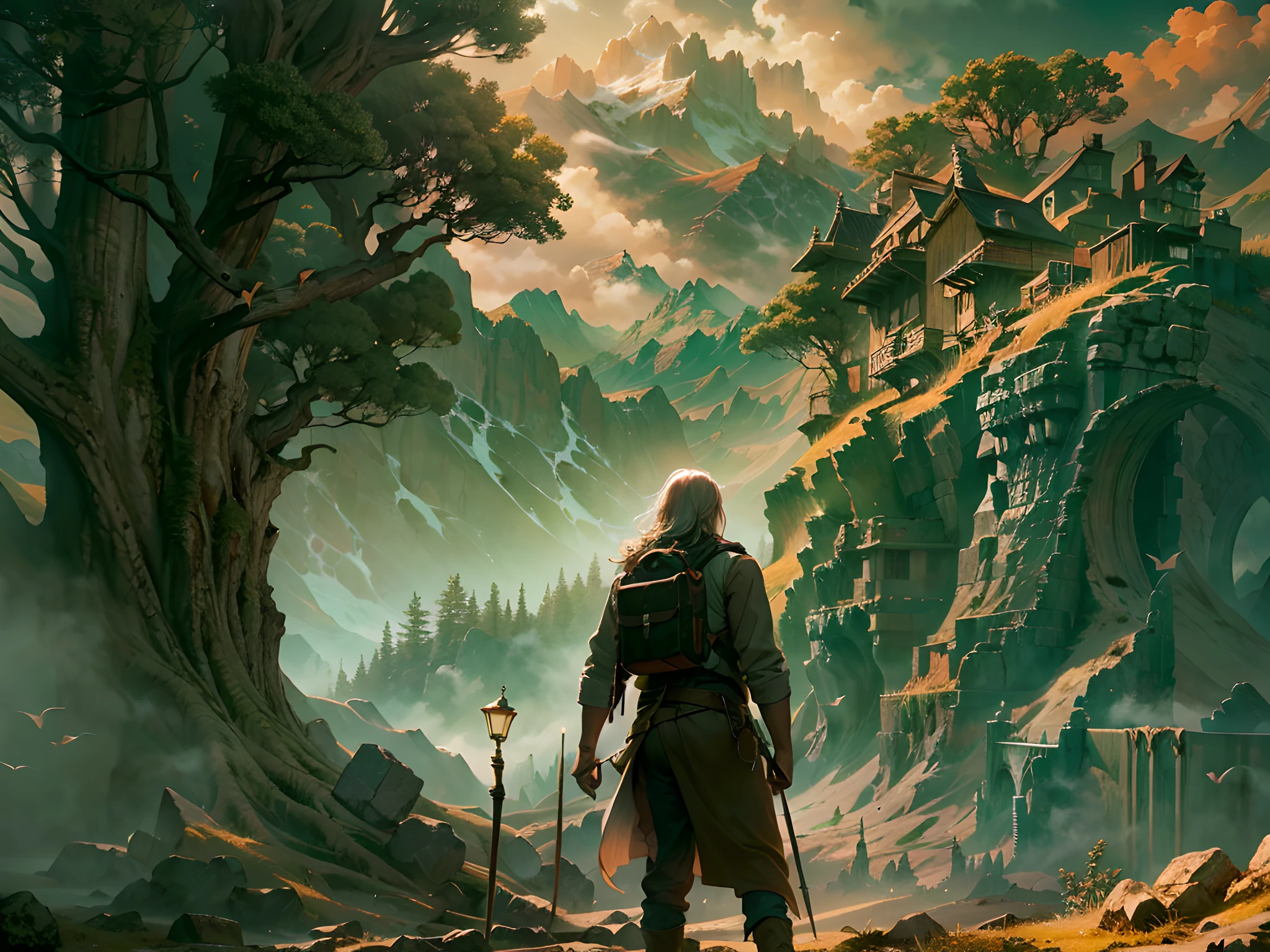 (Obra maestra), (La mejor calidad), (Amazing digital illustrations), atmospheric scene inspired by a fantasy film by Peter Jackson, Paisaje impresionante, towering mountains, frondosos bosques, Valles brumosos, Estructuras impresionantes, Personajes diversos y vibrantes, Participar en un momento crucial, Dramatic lighting, vivid colors, Detalles intrincados, expertly capturing the essence of an epic cinematic experience