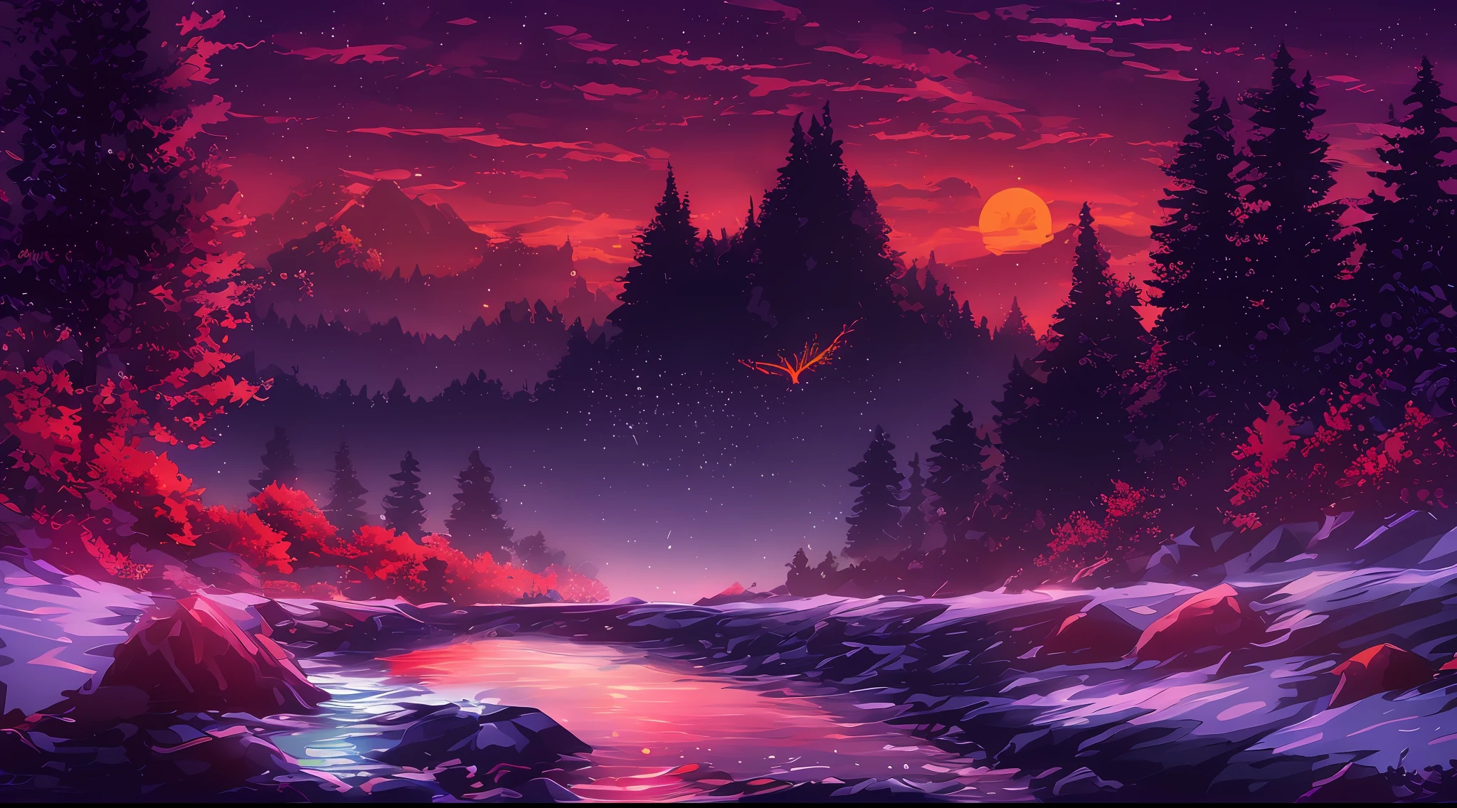 forest, night, multiple creeks, wet air, birds, (scarlet sunset), crystal clear water, glowing particles, scenery, (vast gradient skies:1.05), (mountains:0.8)