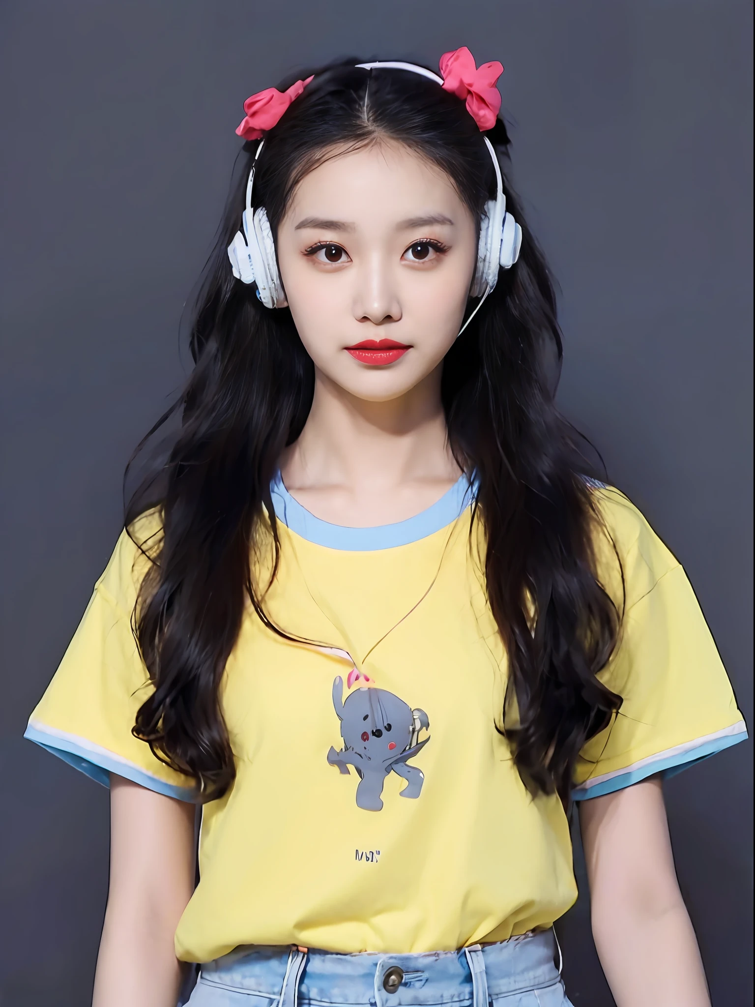 Close-up of a man wearing headphones and a yellow shirt, with headphone, with headphone, jaeyeon nam, wearing cat ear headphones, ulzzangs, wan adorable korean face, Wearing headphones, portrait of female korean idol, trending at cgstation, tzuyu from twice, Guviz, yanjun cheng, Wearing earphones