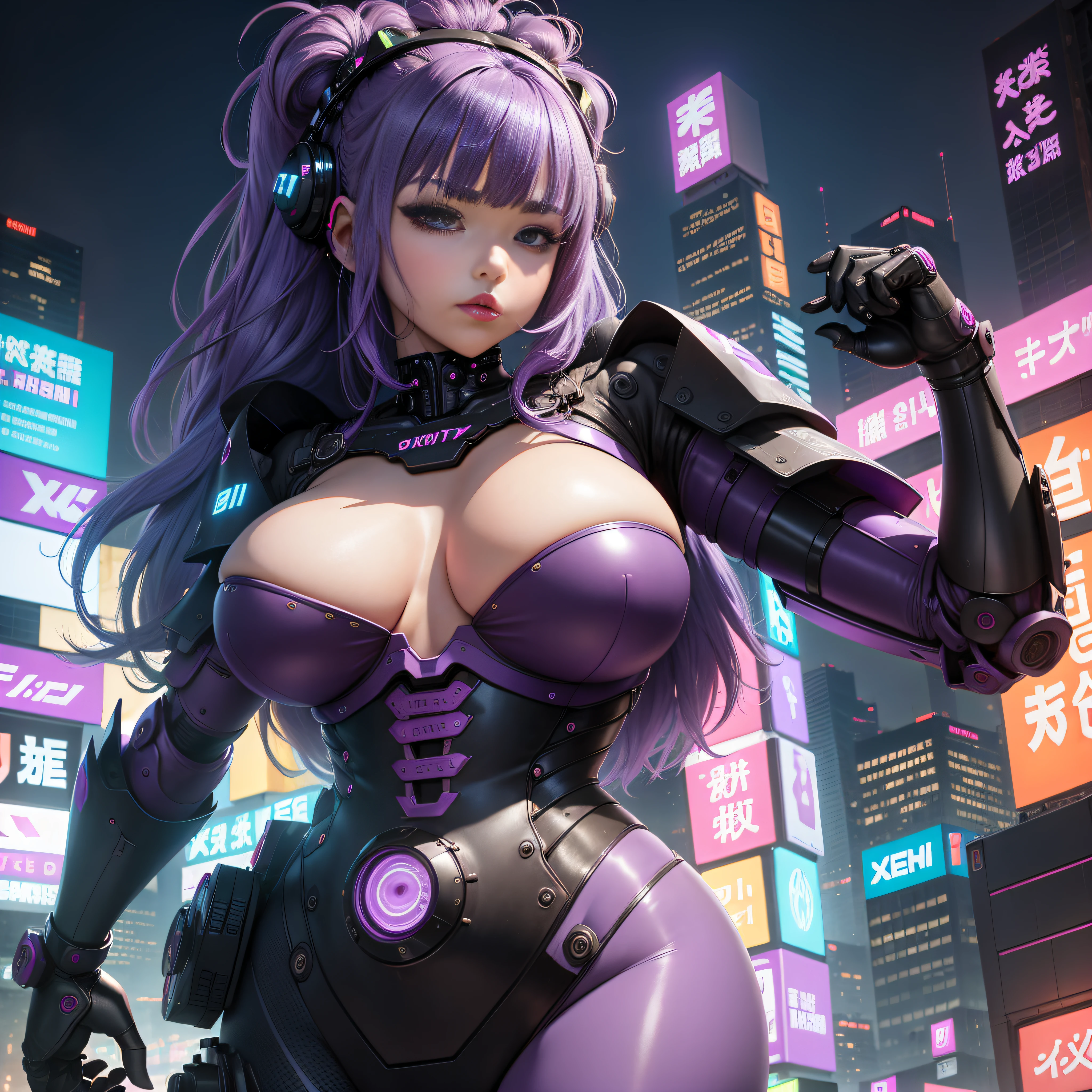 1个Giant Breast Girl，独奏，(Bright purple hair)，black robot，large tall，Neon city night view，Look up，cowboy lens，By bangs，(looking at viewert)，Firm breasts，robot-girl，lora:XM& lt;Lola:add_detail: 0.5 than;