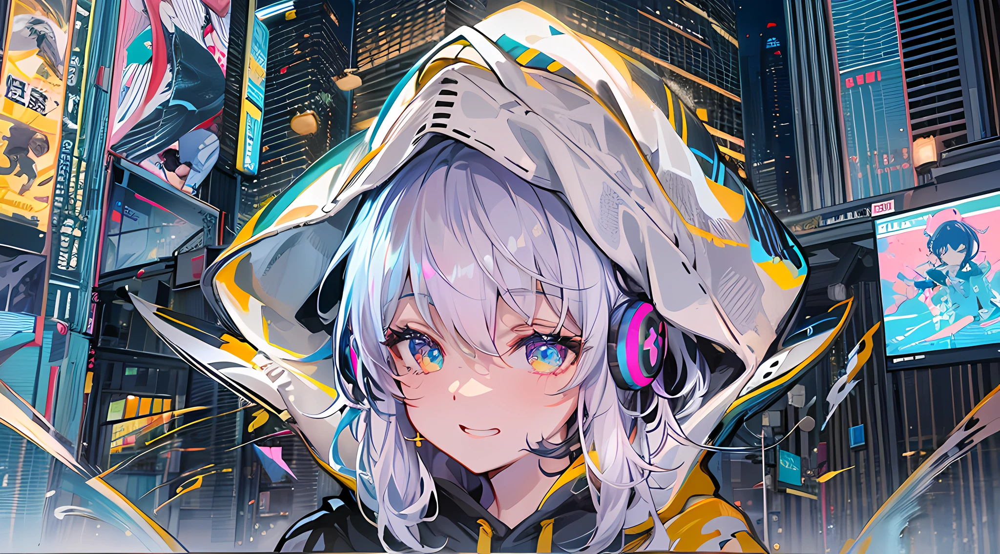 8K分辨率、((top-quality))、((tmasterpiece))、((ultra - detailed))、1 woman、独奏、unbelievable Ridiculous、hoodie oversized、Earphone、street、En plein air、Sateen、neonlight、Shortcut Hair、Brightly Colored Eyes、Hands in pockets、A miniskirt、drippy