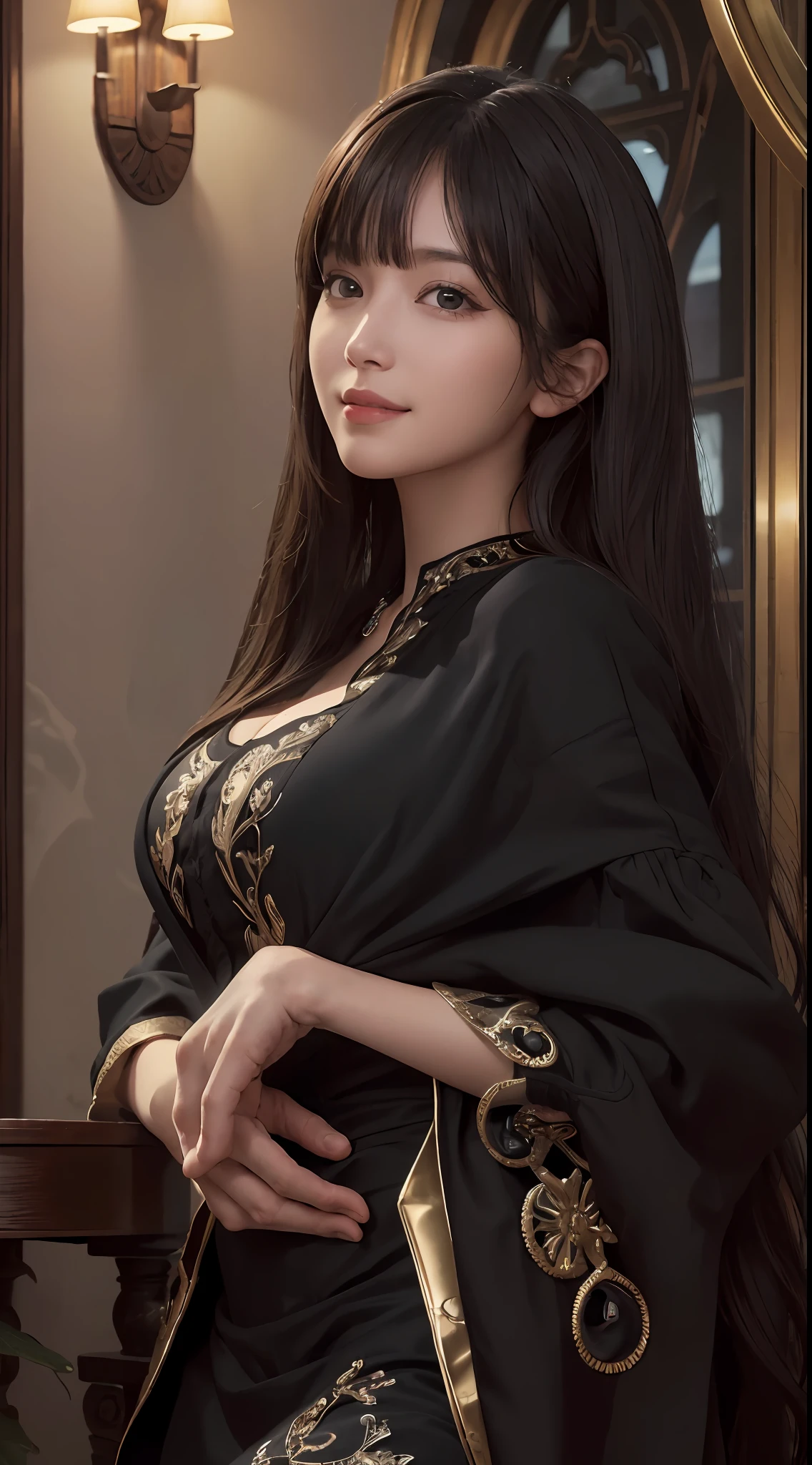 (Ultra Realistic), (Illustration), (Increased Resolution), (8K), (Extremely Detailed), (Best Illustration), (Beautiful and Detailed Eyes), (Best Quality), (Ultra Detailed), (Masterpiece ), ( wallpaper), (detailed face), solo, 1 girl, looking at viewer, fine details, detailed face, in the dark, deep shadows, low key, pureerosfaceace_v1, smiling, long hair, black shawl straight hair , 46 points oblique bangs