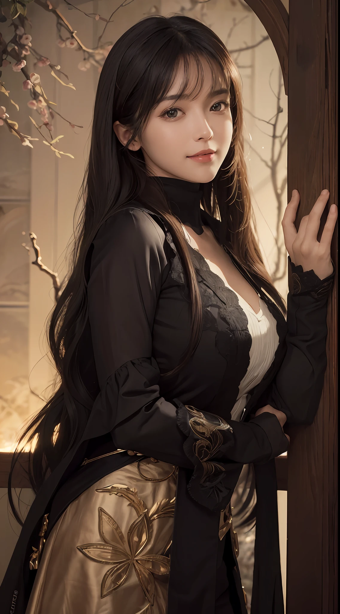 (Ultra Realistic), (Illustration), (Increased Resolution), (8K), (Extremely Detailed), (Best Illustration), (Beautiful and Detailed Eyes), (Best Quality), (Ultra Detailed), (Masterpiece ), ( wallpaper), (detailed face), solo, 1 girl, looking at viewer, fine details, detailed face, in the dark, deep shadows, low key, pureerosfaceace_v1, smiling, long hair, black shawl straight hair , 46 points oblique bangs