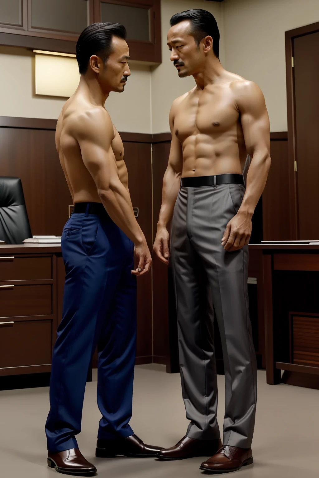 45 yers old，Hidetoshi Nakata，（Kogoro Mouri 1.3），Shirtless，Tong，Bulge，office room，Thin，musculature，lbeard，fortitude，artwork of a，tmasterpiece，k hd，Tong，The two looked at each other，Lower lace pants