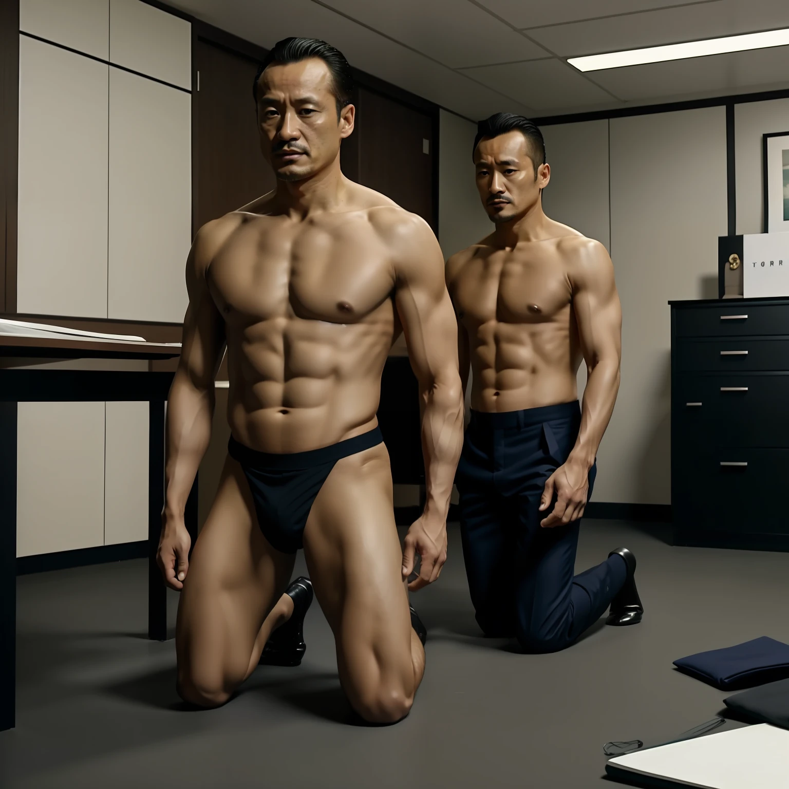 45 yers old，Hidetoshi Nakata，（Kogoro Mouri 1.3），Shirtless，Tong，Bulge，office room，black long socks，Thin，musculature，lbeard，fortitude，artwork of a，tmasterpiece，k hd，Tong，One kneels to one，Business suit