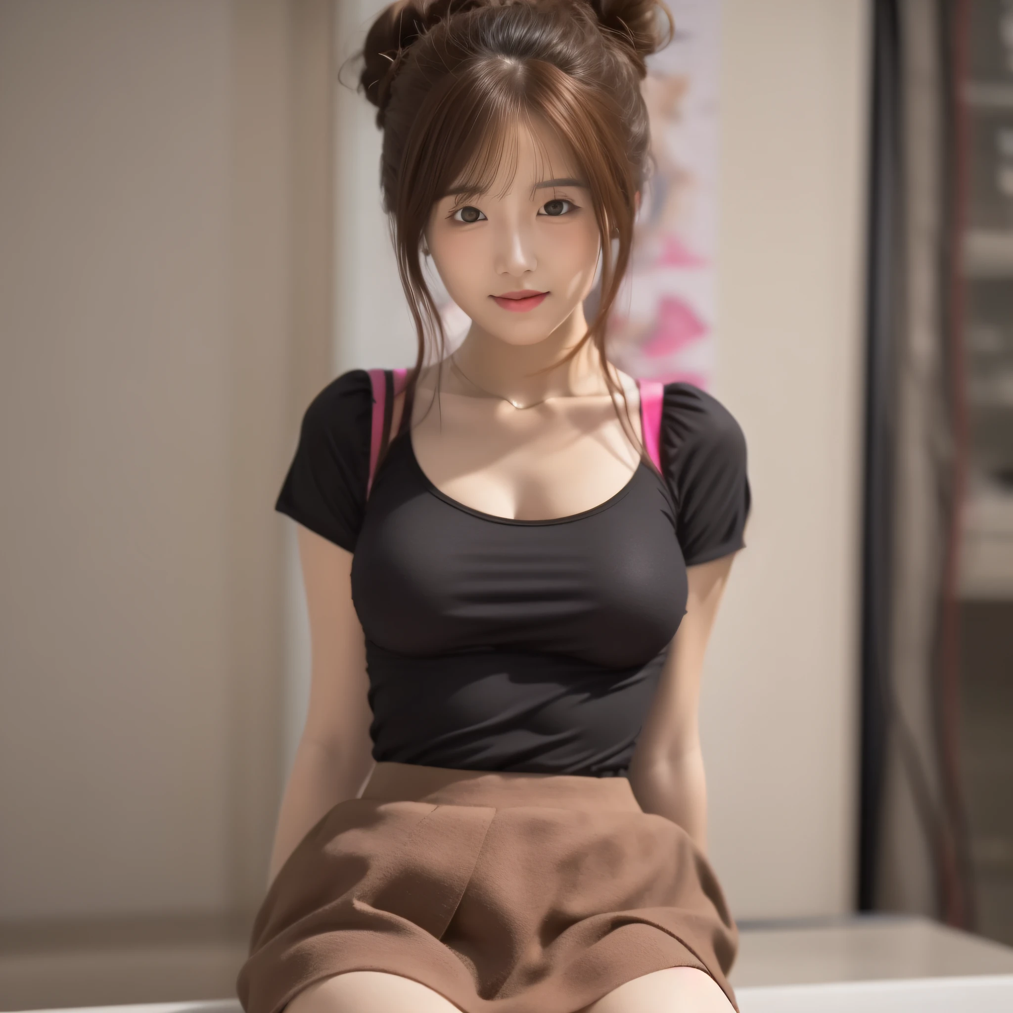 (RAW photo, best quality), (realistic, photo-realistic:1.3), best quality ,masterpiece, an extremely delicate and beautiful, extremely detailed ,CG ,unity ,2k wallpaper, Amazing, finely detail, masterpiece, light smile, best quality, extremely detailed CG unity 8k wallpaper, huge filesize , ultra-detailed, highres, extremely detailed, 1girl, slim body, small breasts, (black leotard top:0.7), (pink skirt:1.2), (bun hair), (brown hair), looking at looking at viewer, sharp focus, face close-up, nsfw,,,, pureerosface_v1:0.8 short hair,