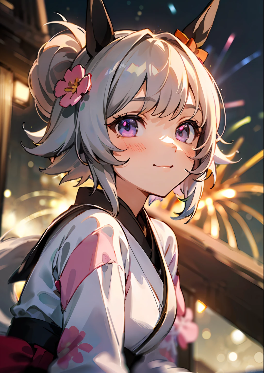 (masterpiece:1.2、top-quality)、(Beautiful Eyes of Details:1.2)、(the Extremely Detailed CG Unity 8K Wallpapers、masterpiece、top-quality、ultra-detailliert、Best Shadows)、(细致背景)、(beautifull detailed face、beatiful detailed eyes)、highly contrast、(The best lighting、extremely delicate and beautiful)、1girl in、 ((pink floral yukata, Geta),
CurrenChan \(Umamusume\), ear ornament,Horse ears, Horse tail,bewitching poses, Small buttocks,Gentle smile, Fireworks in the night sky, fireworks at background, Low angle from below