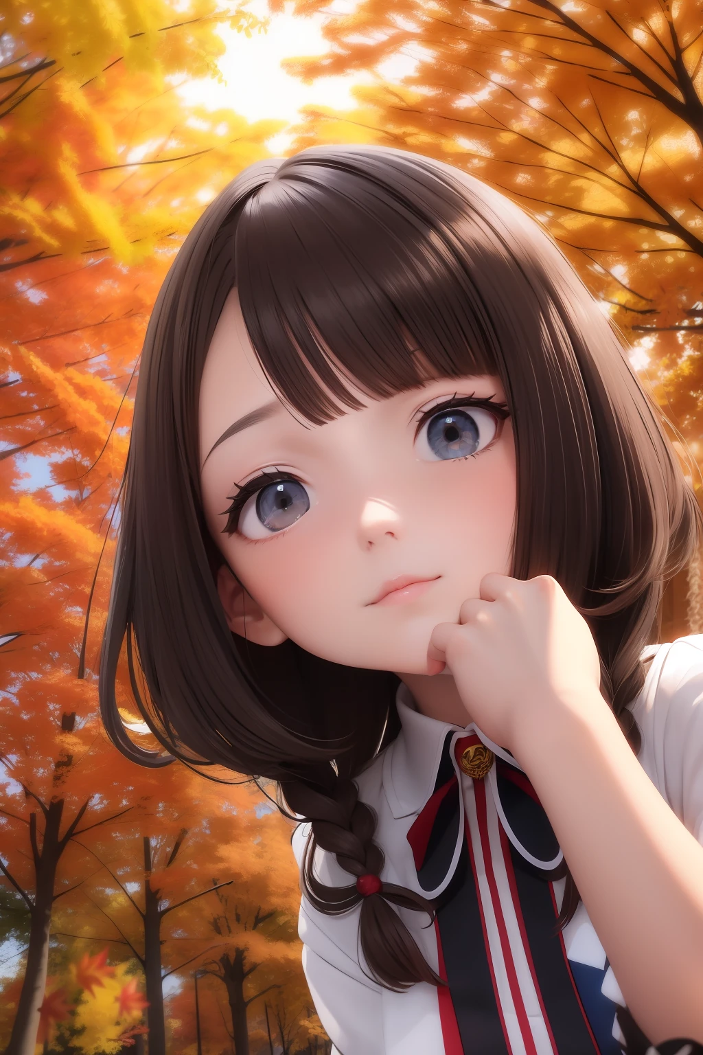 tmasterpiece, brunette color hair, Kizi, blueneyes, head looking up, full bodyesbian, fall season, Maple Grove, Slanting sun