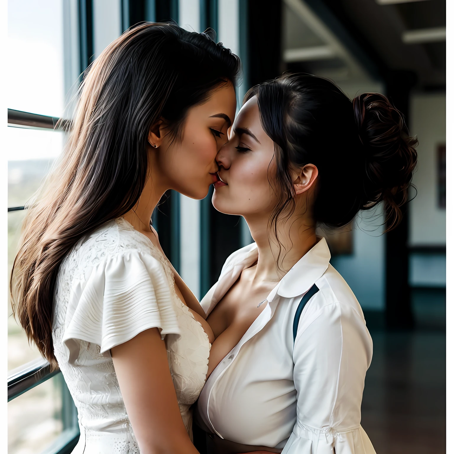 lesbian women kissing women, very good women wearing short blazers with very detailed (long (fully pleated) full circle skirts) and (simple) low heeled office shoes, very very intricate hyper-detailed symmetric (attractive graceful young feminine faces) with (sad, tired eyes and a shy smiles), large breasts, full of empathy and compassion and love, (pronounced (feminine) features), (highly detailed ultra accurate realistic) hands and fingers, (windy conditions and wind blowing), epic composition, highly detailed attributes, highly detailed atmosphere, (35mm f1.4 Kodak portra 400 photograph), extremely high quality RAW photograph, detailed background, intricate, Exquisite details and textures,
