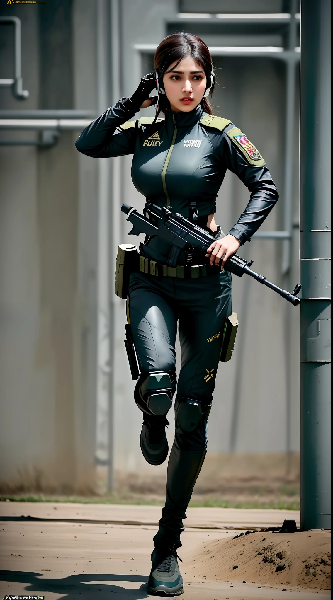 a 25 year old indian woman in a black outfit holding a rifle and wearing headphones, face like tamanna Bhatia, soldier girl, mechanized soldier girl, military girl, beautiful female soldier, female lead character, infantry girl, of a sniper girl in war, solo female character, future combat gear, full body shot, large breasts, curvy, dynamic pose in action, beautiful face, beautiful body, looking at the viewer, quiet from metal gear solid v, wearing tactical gear, dressed in tactical armor, highly detailed