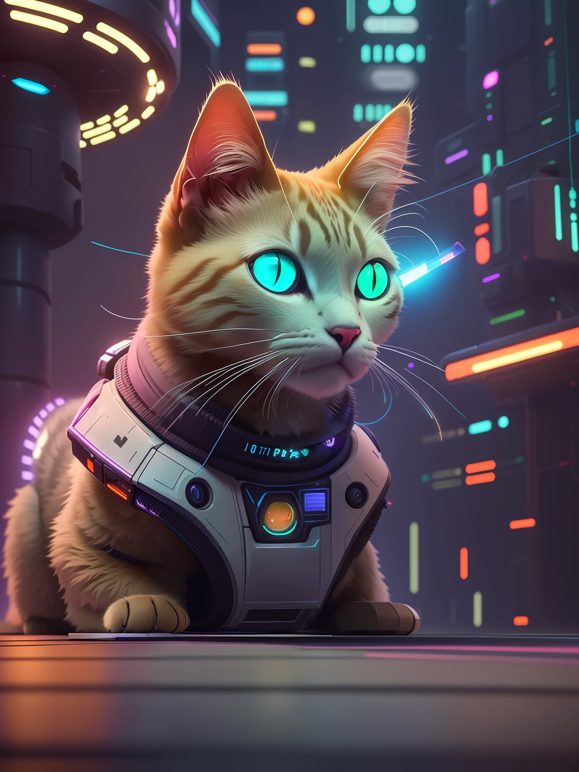 Have a cat, who sits on the ground with glowing eyes, cyberpunk cat, Cyborg Cat, Cyborg Cat, Beep and Tim Hildebrandt, In the style of Beeple, beeple!!, Cyborg kitten, Beeple Art, Beeple artwork, 3 d render beeple, beeple |, rendered in redshift