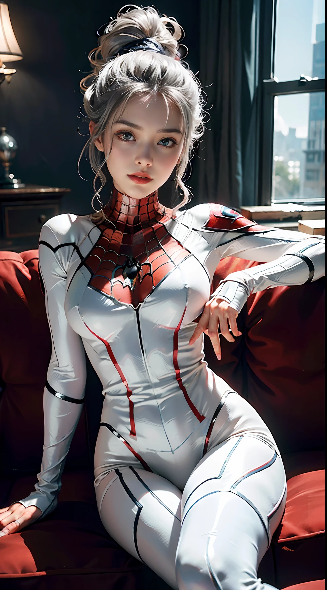 (Extreme Detail CG Unity 8K wallpaper, masterpiece, highest quality), (Exquisite lighting and shadow, highly dramatic picture, Cinematic lens effect), a girl in a white Spider-Man costume, silver gray hair color, from the Spider-Man parallel universe, Wenger, Marvel, Spider-Man, sitting on the couch, dynamic pose), (excellent detail, excellent lighting, wide angle), (excellent rendering, enough to stand out in its class), focus on white Spider-Man costumes, complex spider textures