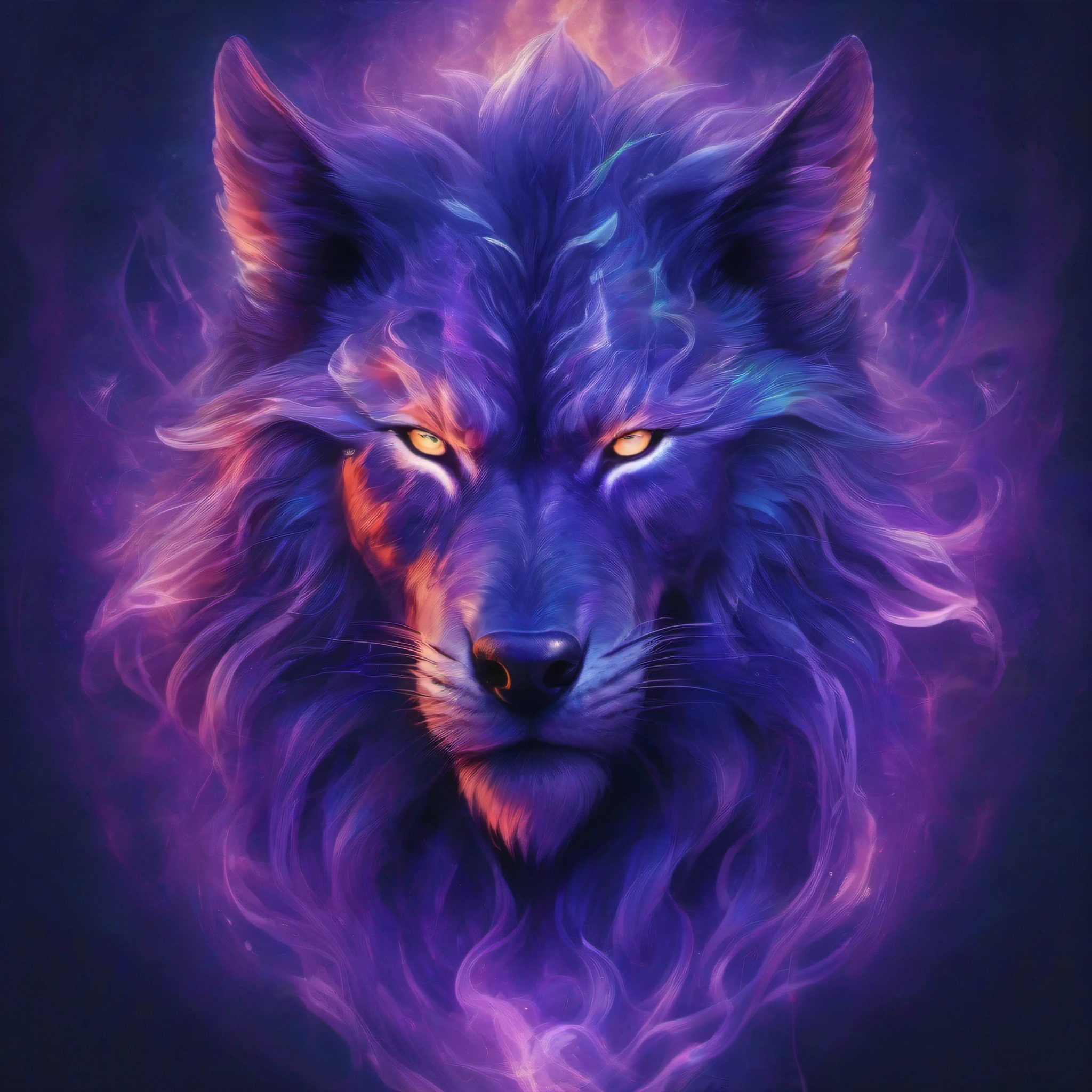 (((zigomorfismo))), lobo|homem bioluminescente feito de laranja|carmesim|dark blue purple smoke|lilac background, 4D