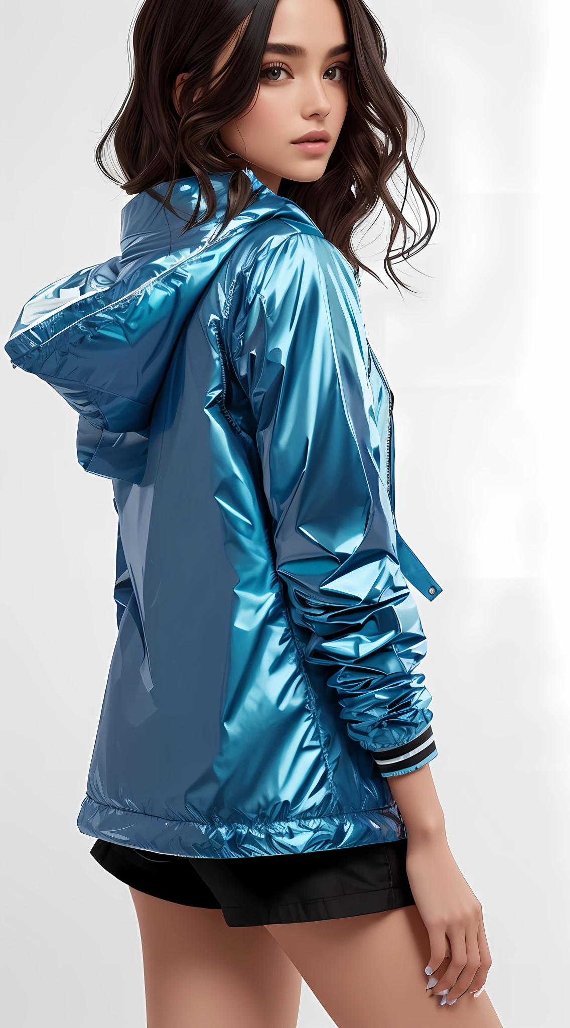 uma mulher de jaqueta azul e shorts muito curto posando para uma foto, Jaqueta azul, short bem curto tem, parka azul, menina na capa de chuva, cyber future jacket, Reflective metal, Metal Refletivo, brilhante da chuva, olhar molhado, brilhante brilhante reflexivo, vestindo jaqueta azul, jaqueta azul harmonia, with teal clothes, suit jacket, future inflatable jacket, vestindo uma jaqueta azul, metallic cyan bodysuit