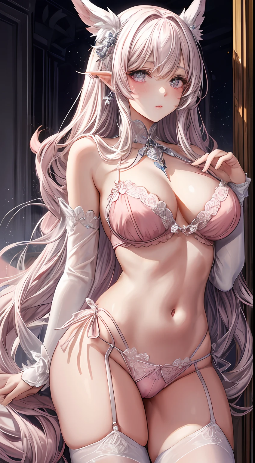 "Enchanting girl with astonishing beauty, showcasing her grace in alluring pink lingerie, possessing mesmerizing pink eyes, captivating with her long, flowing pinky hair, and showcasing her unique Albino features."