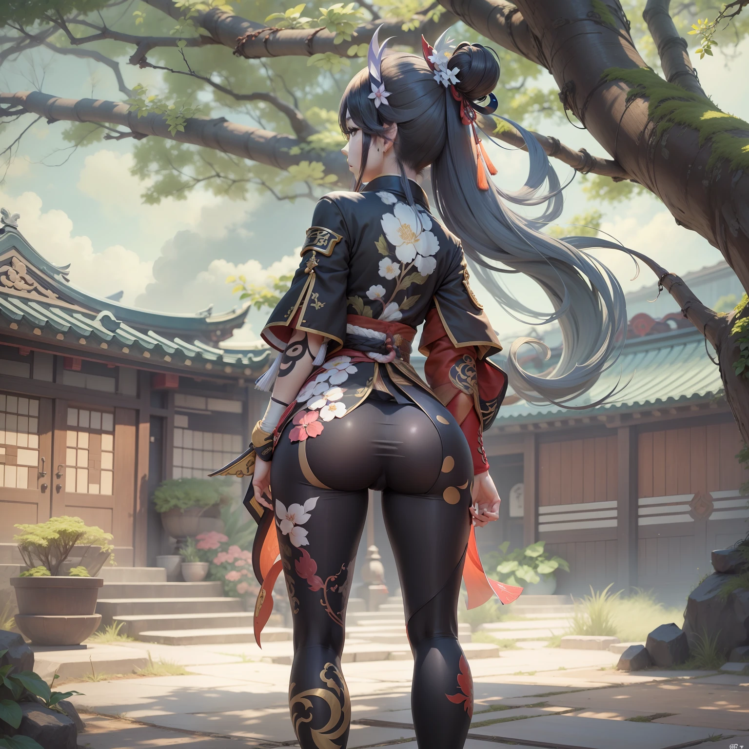 Genshin impact, Xiangling, character, showing ass, from behind, clothed