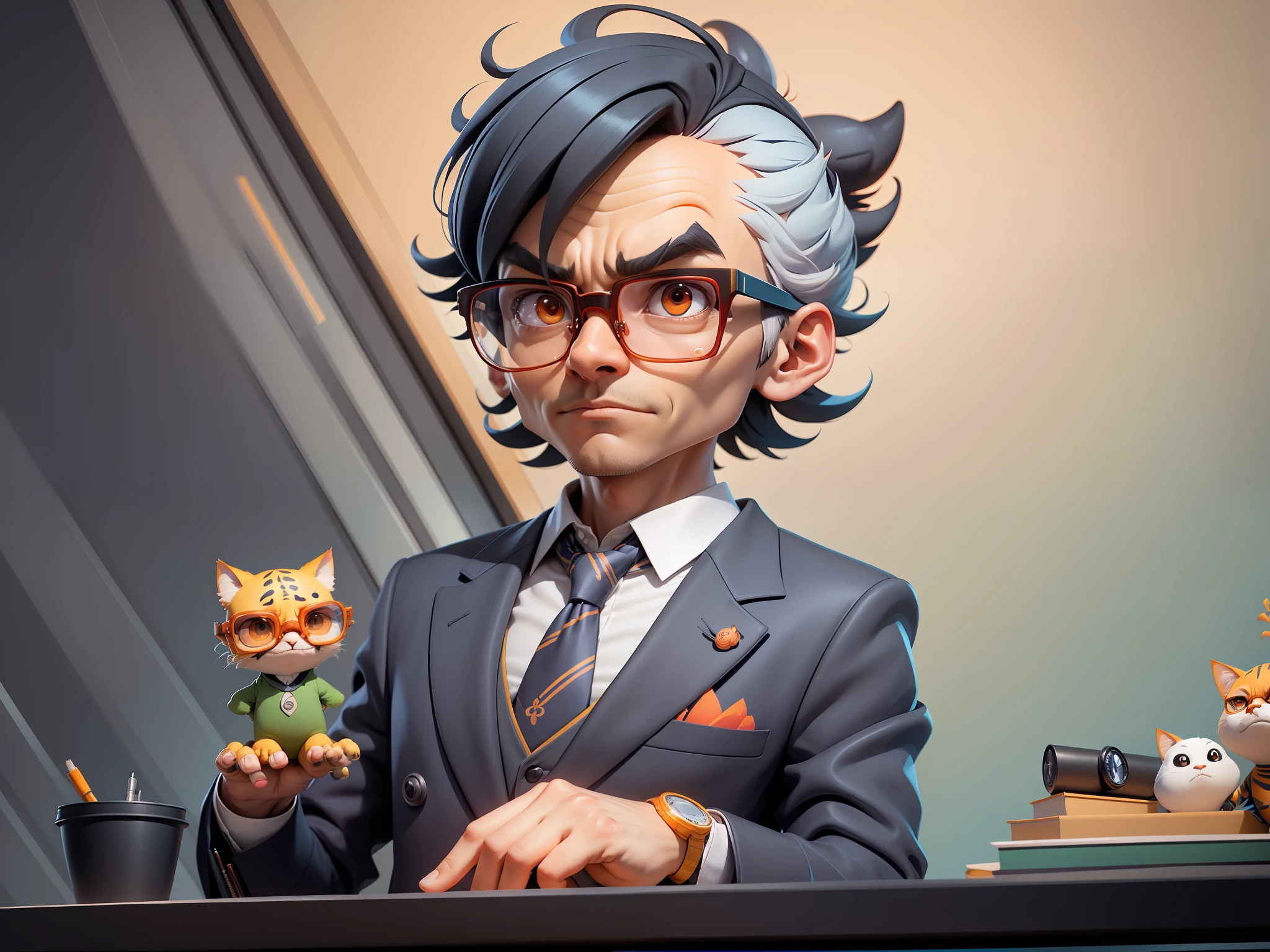 A young man in a suit, Short hair and glasses sat at his desk，holding laptop，digitial painting，tigre，3D character design by Mark Clairen and Pixar and Hayao Miyazaki and Akira Toriyama，4K HD illustration，Very detailed facial features and cartoon-style visuals。