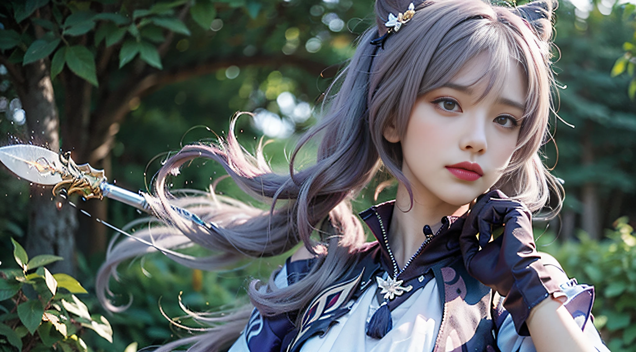 Masterpiece, best quality, detail, depth of field, ultra-realistic, realistic face and eyes, realistic skin texture, cinematic lighting, eyes to see the audience. 1 girl, solo, (frown, closed mouth), keqing_\(genshin_impact\), purple_eyes, purple hair, double tail, sharp eyes, serious face, gloves, black stockings, outdoor, purple lightning, fileg, lightning glowing sword, purple lightning, upper body