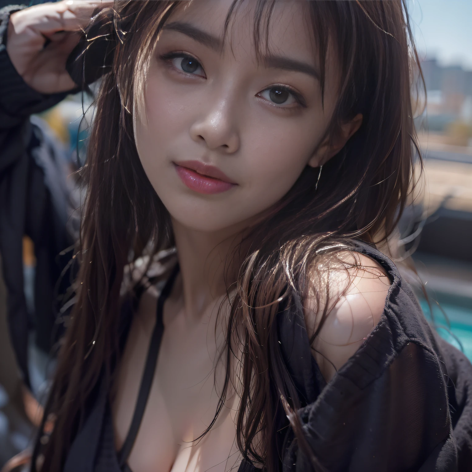 Nikon RAW photos，8K quality，Fujifilm XT3，tmasterpiece，best qualtiy，realisticlying，ultra - detailed，1 girl，独奏，closeup portrait，huge breasts1.3，In the city，Rooftop outdoor pool，Fully naked，Morning，the soft light，cabelos preto e longos，rich facial detail，Fine fine skin，tempting pose，hair straight