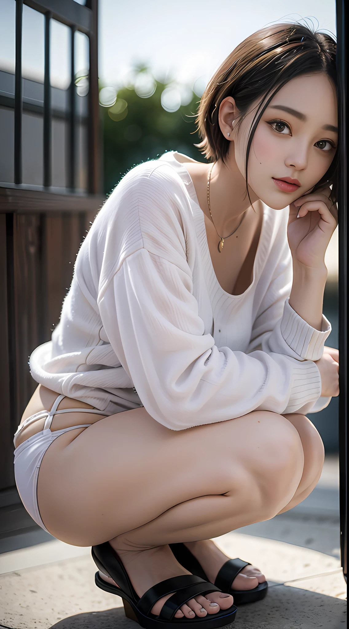 top-quality, masterpiece, Girl squatting beautiful face, (photographrealistic:1.3), Rim lighting, (High Detail Skins:1.2), 8K UHD, Digital SLR, short cut hair、bangss、 hightquality, hight resolution, 4K, 8K, bokeh dof, absurderes, best ratio four finger and one thumb, (realisitic:1.3), pretty 1girl, Panchira、white panties、Taken from the front、food、White mask