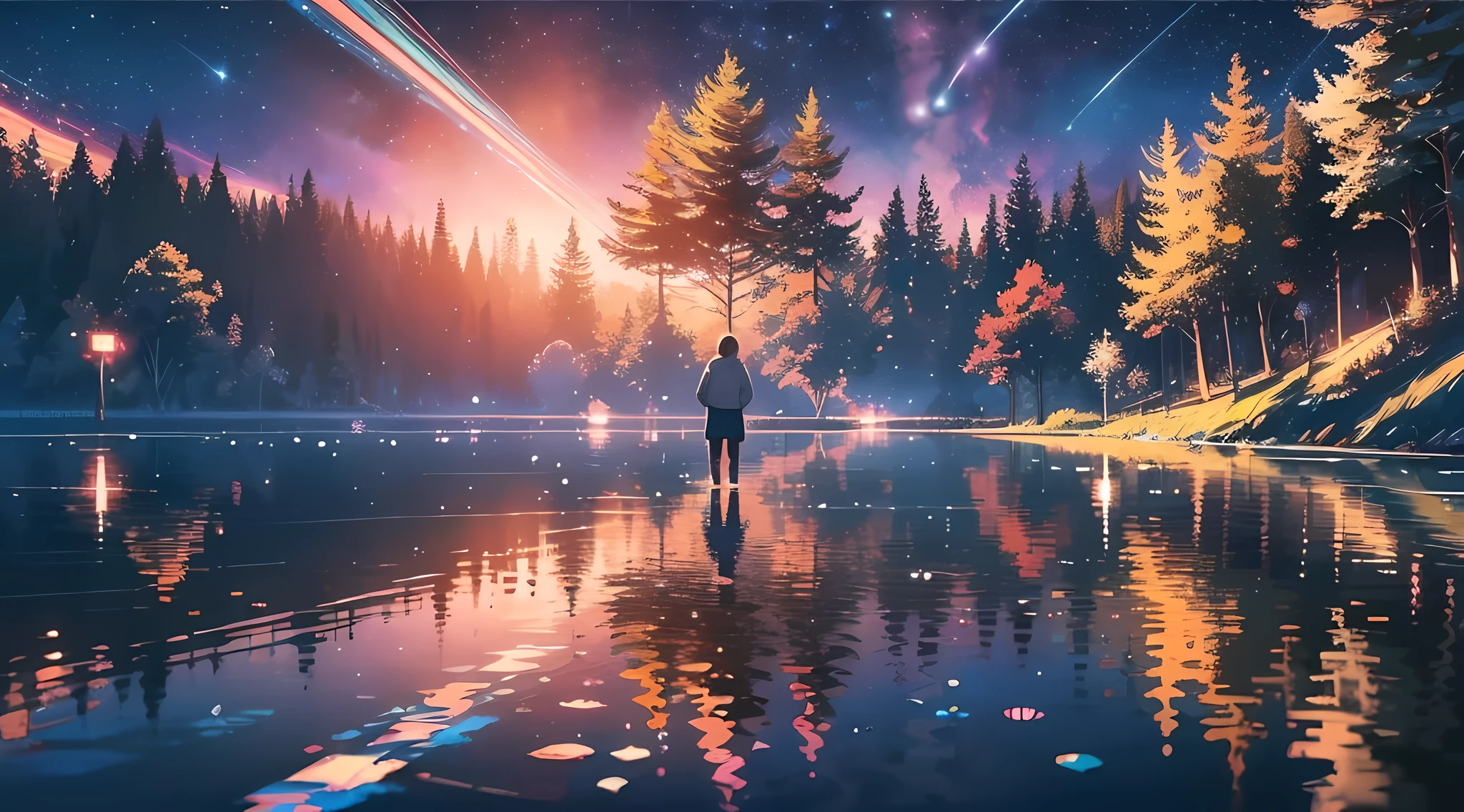 Reflection on the surface of the lake, standing on the surface of the lake, reflection, magic, perfect face, glowing eyes of the starry sky, night, secluded forest, pastel tones, story graphics, octane rendering, Makoto Shinkai, moving steam train