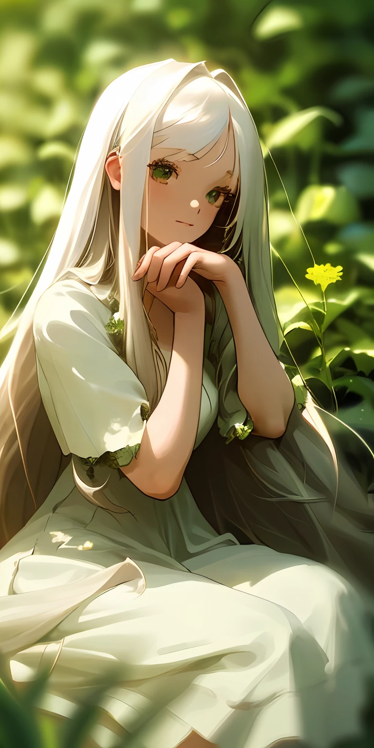 (masterpiece, best quality),1girl with long white hair sitting in a field of green plants and flowers, her hand under her chin, warm lighting, white dress, blurry foreground