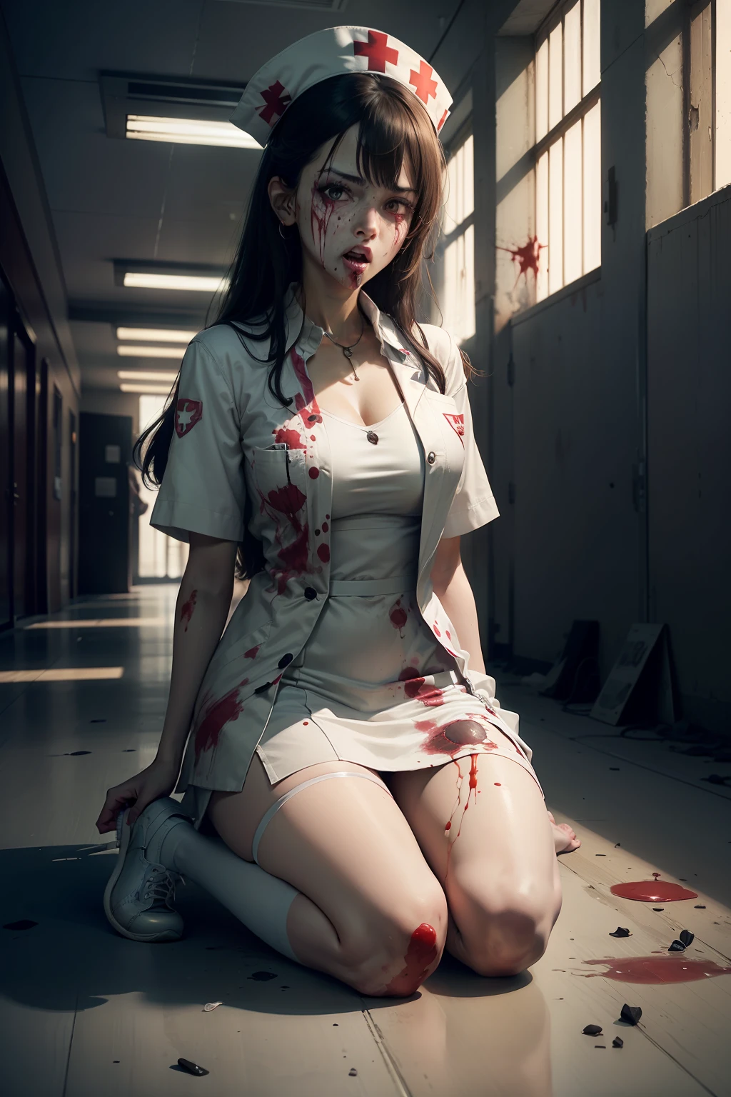 k hd,Kizi,Bloody face,bloodstained clothes,wounded,zombie,nurse's outfit,an empty hallway,hospitals,bite mark,Scratched clothes,Damaged clothes,messy hair,white stockings,No shoes,Open-mouthed,Lying on the corpse