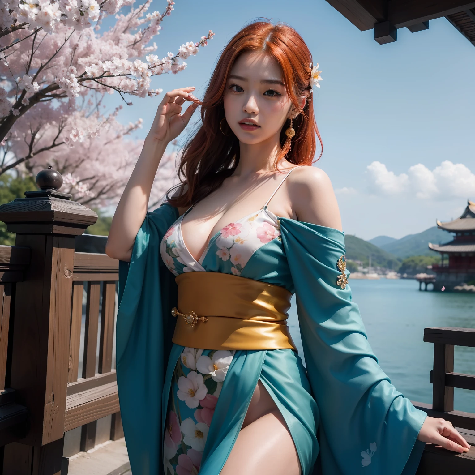 ​masterpiece、(Photorealsitic:1.5)、top-quality、beautiful  lighting、real life、
Nami \(onepiece\),
1girl in, architecture, cherry trees, East Asian Architecture, petals falling, golds, komono, kimono, Log Pose, length hair, look at viewr, Opening Mouth, orange color hair, flower petals, Tattoos on the shoulders, 独奏, tattooed, tusk, upper teeth only
, Convoluted, High Detail, foco nítido, Dramatic, beautiful  Girl , (RAW Photography, 8k UHD, film grains), Caustics, sub-surface Scattering, Reflectors、high-level image quality、 hight resolution、16k