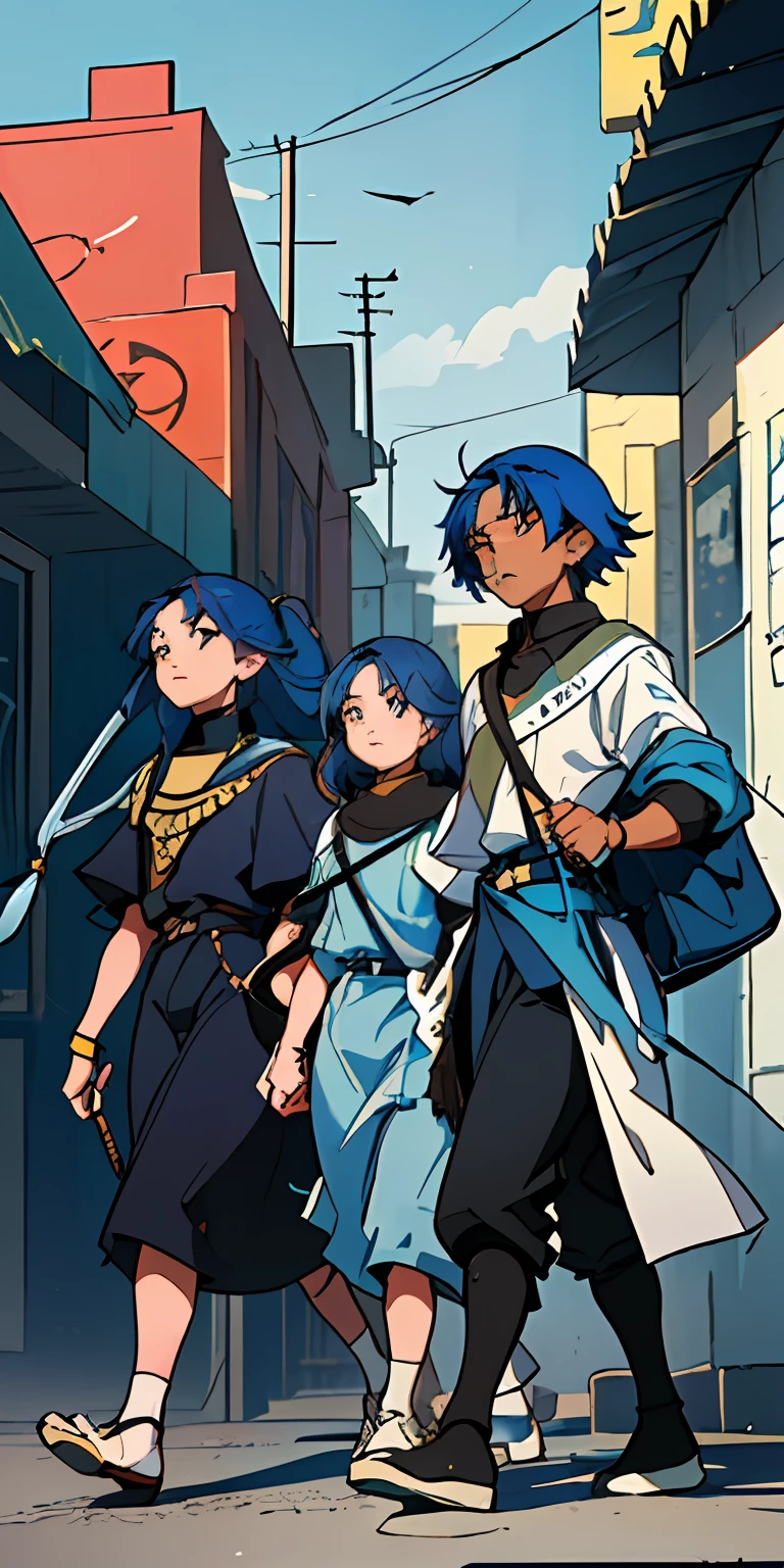 un grupo de 3 amigos cabello color azul, are 13 and 14 years old, They are side by side ready to fend off the enemy army as they invade the city 14 years of blue hair.., The 14-year-old boy with straight hair with his back uncovered and his chest bare but dressed in typical clothes of ancient Egypt with dark skin walking lost through the different streets of a city is noon. doferentes angulos mira la ciudad desde lo slto de una colina.