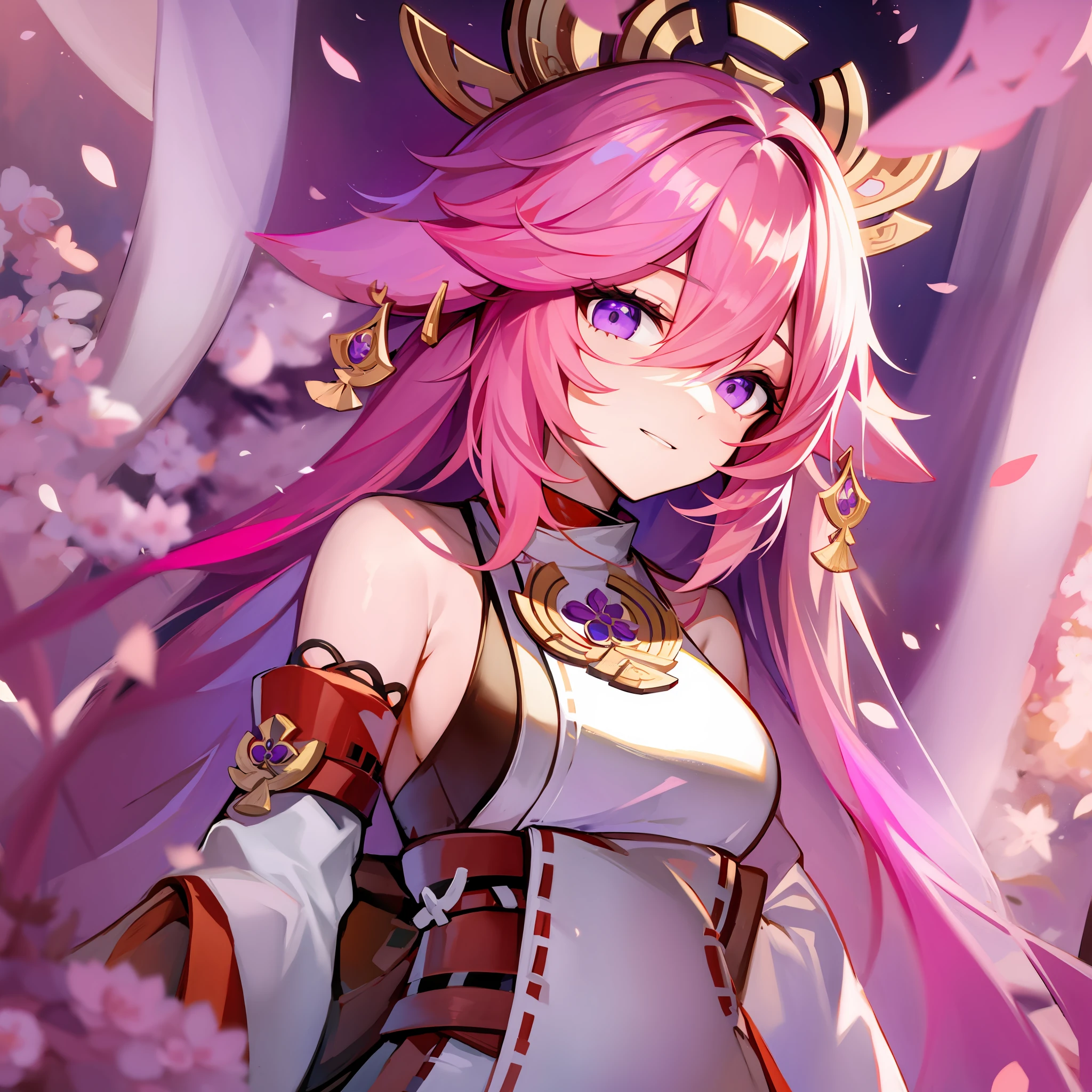 yae miko, wearing dr clothes , pink hair, purple eyes