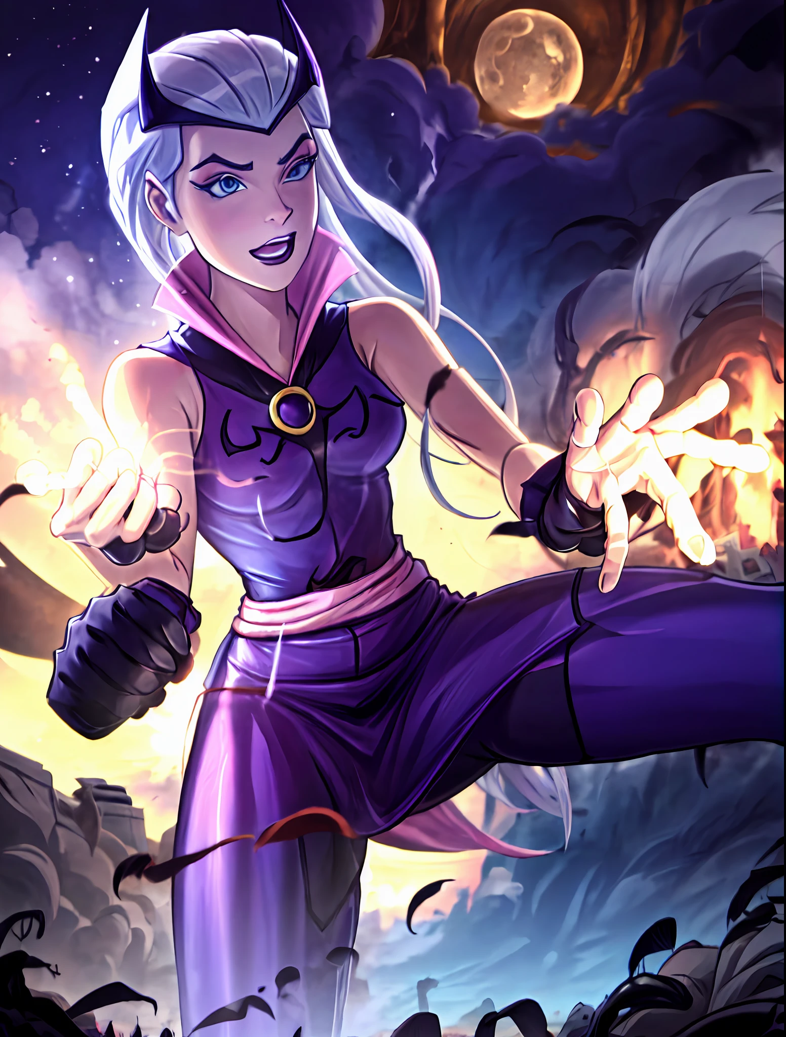 (cowboy shot), sfw,  (masterpiece), (best quality:1.0), (ultra highres:1.0), detailed eyes,
BREAK
Charmcaster, 1girl, slicked-back hair, blue eyes, long hair, dynamic pose, (black crown)
purple dress, sleeveless, popped collar, black tights, red gem, fingerless gloves, pink waist-sash
BREAK
(castle, night, moon,  gorgeous view)