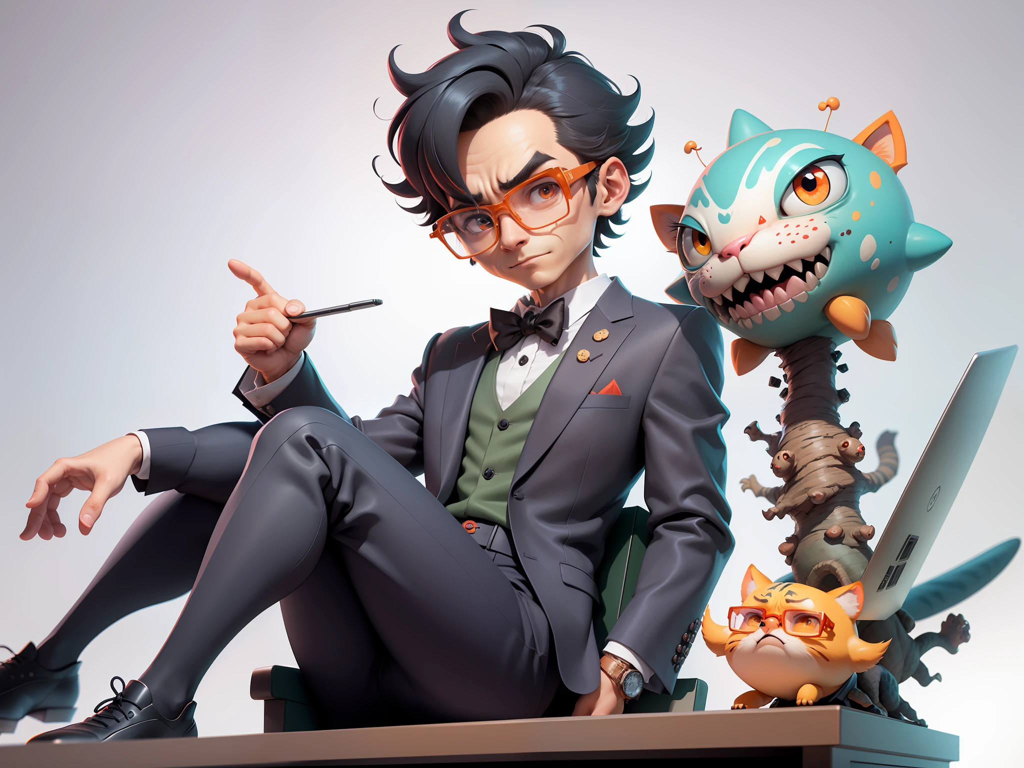 A young man in a suit, Short hair and glasses sat at his desk,holding laptop,digitial painting,tigre,3D character design by Mark Clairen and Pixar and Hayao Miyazaki and Akira Toriyama,4K HD illustration,Very detailed facial features and cartoon-style visuals。