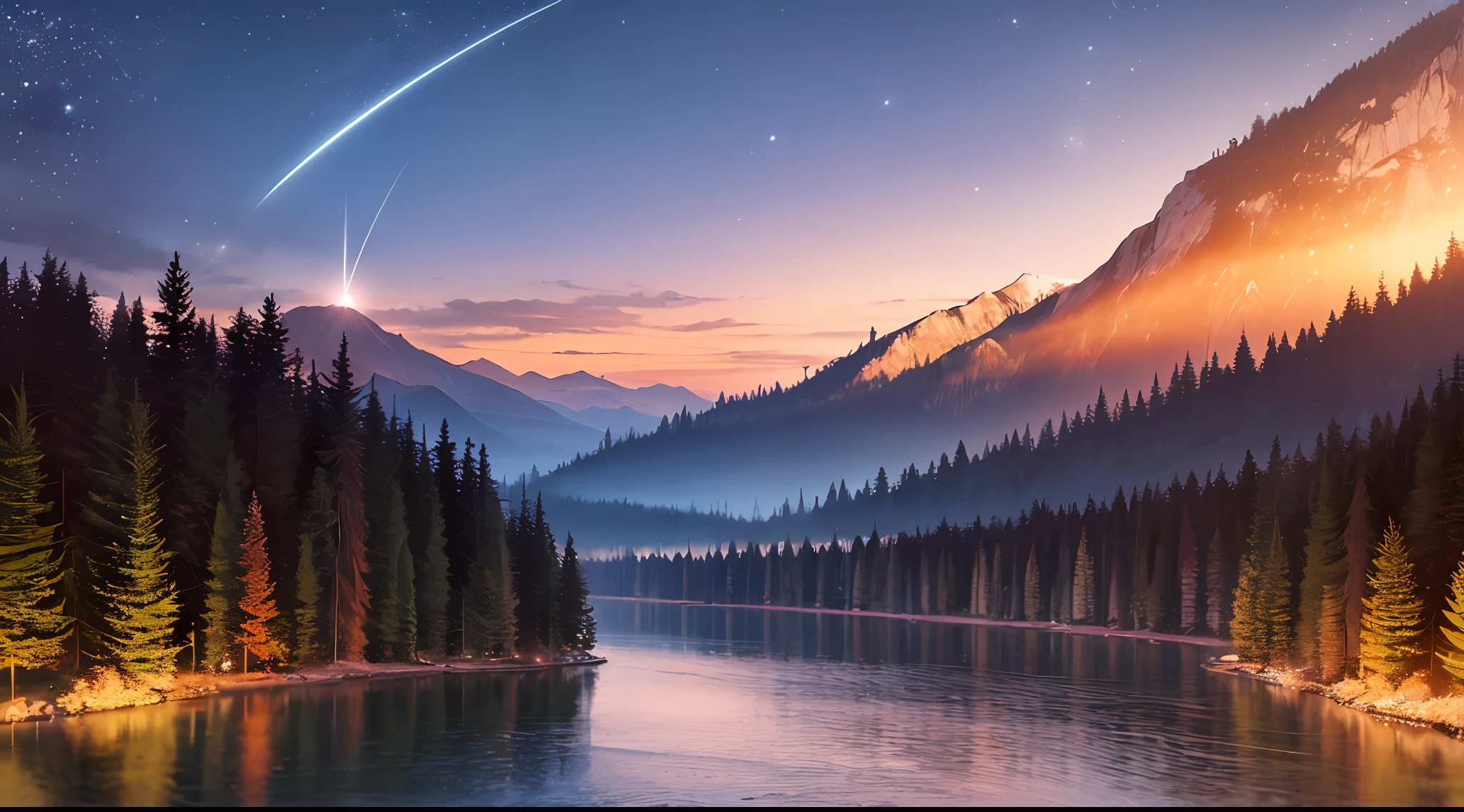 forest, night, multiple creeks, wet air, birds, (scarlet sunset), crystal clear water, glowing particles, scenery, (vast gradient skies:1.05), (mountains:0.8)