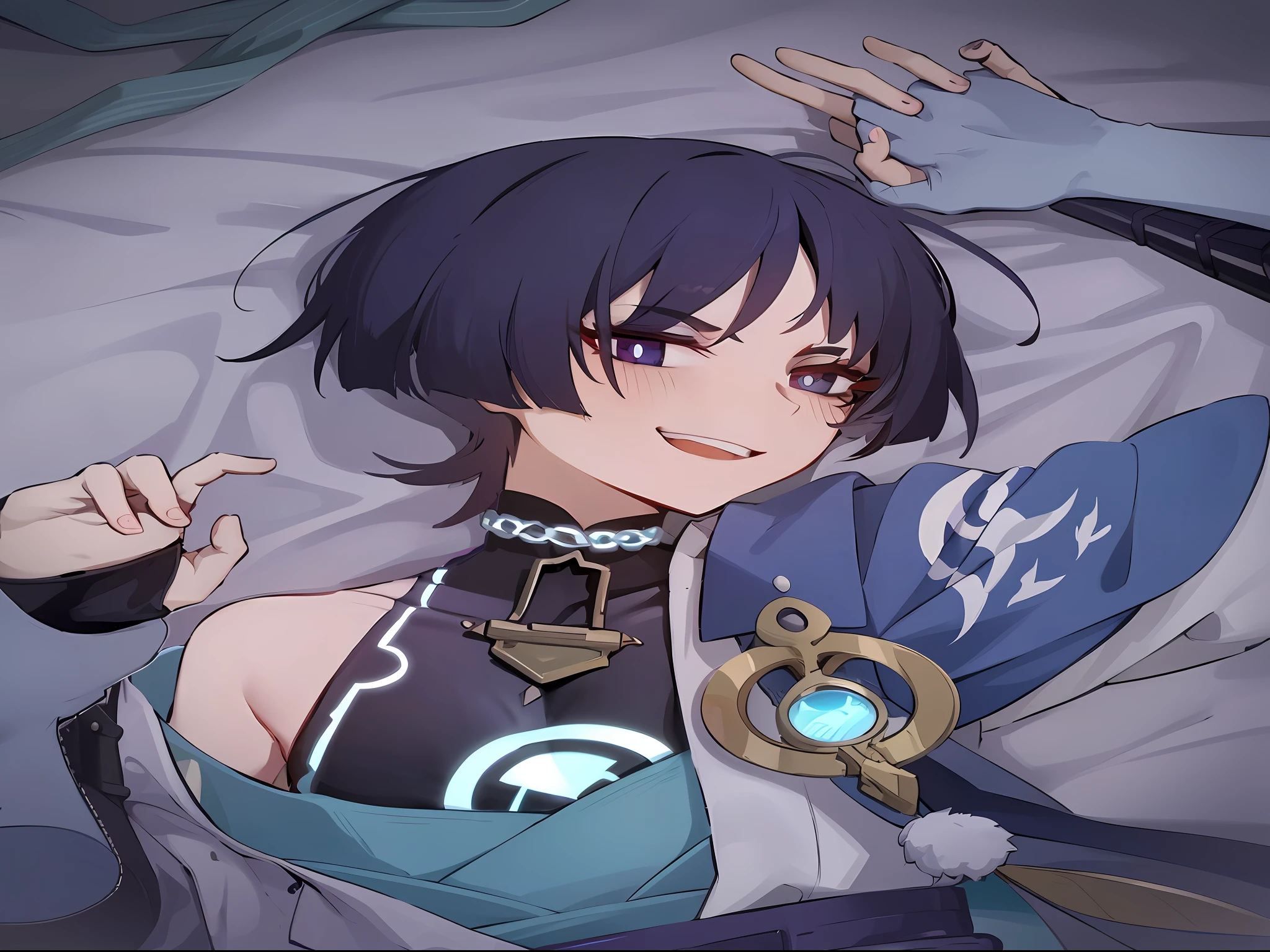 Blue collar and anime girl with necklace around her neck,The clothes were ripped off in half,Lie down in bed,accept,With a playful smile,Mushroom head,Purple-black hair,Purple-black pupils,Red and black eye shadow