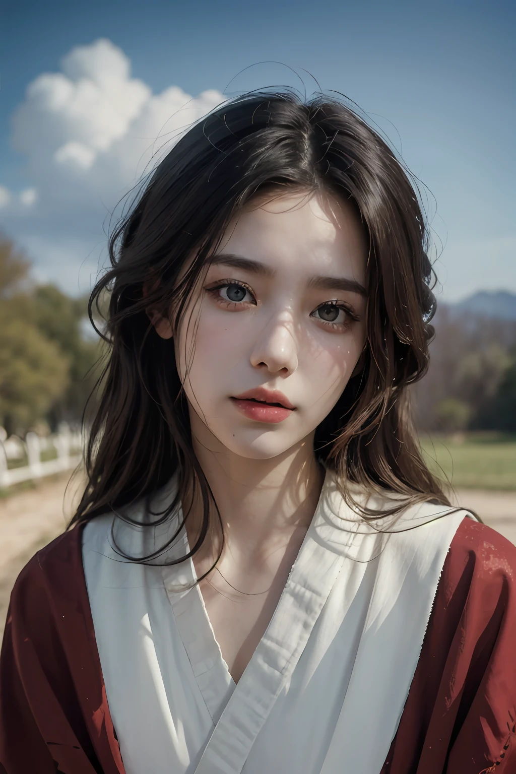styled: Pure+ultra-realistic realism, Fair skin texture, Bright eyes, lightand shade contrast, high textured, ultra HD picture quality, High nose, dynamic angle, Light tracing, Realism, offcial art, Unity 8k壁纸, Ultra detailed paintings, A masterpiece of beauty, best qualityer, Glows skin, movie level lighting, Sideways bust styling, setting in nature, red color Hanfu,palace background,outside,with blue sky and white clouds