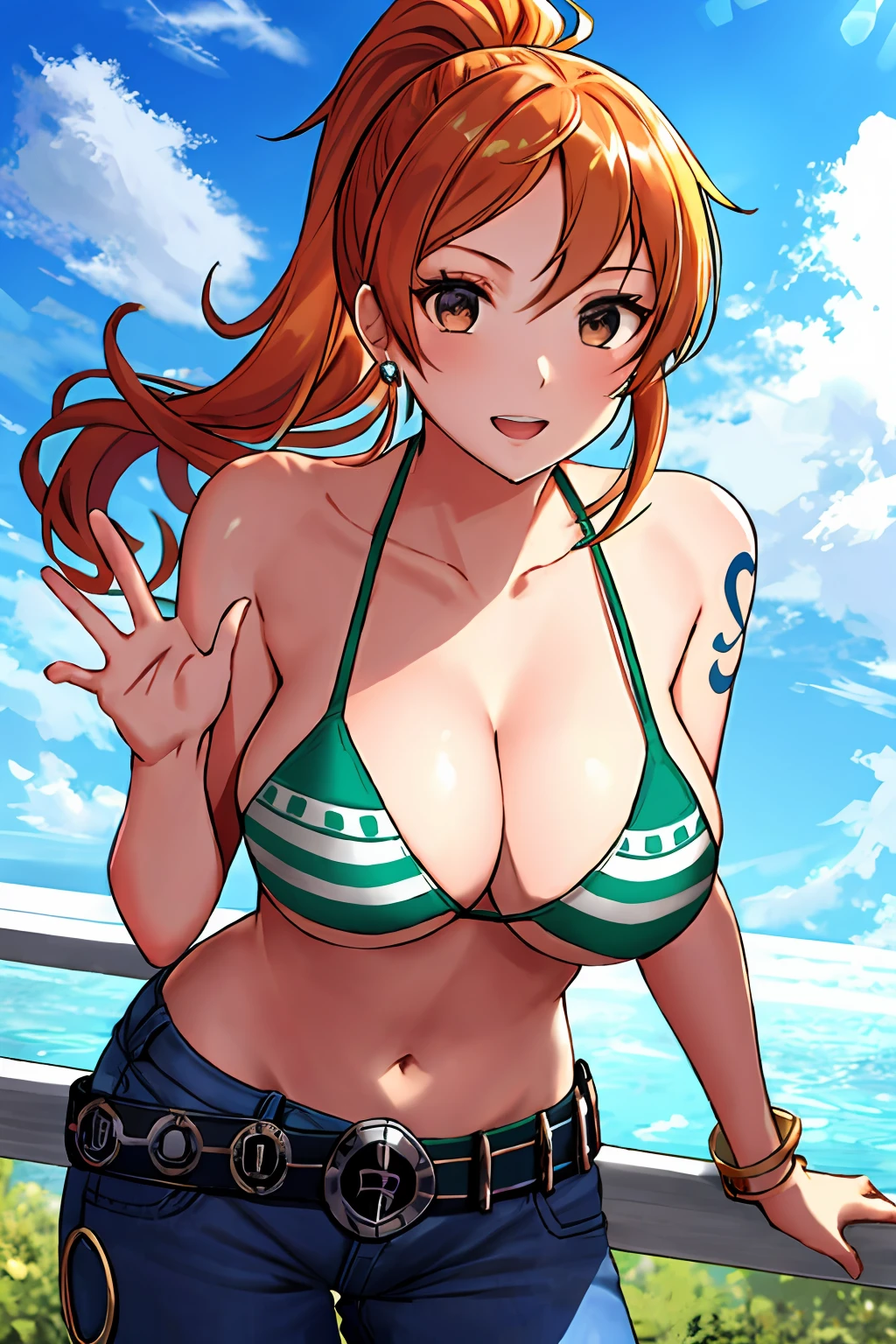 detailed background, masterpiece, 4k, best quality, late youth, adult, wrestler body, 1girl, active, energic, uppercut, (large mouth) , solo, nami \(one piece\), 1girl, bangle, (leaning forward, tilting, waving good bye with both hands, bruises on body, (high wide ponytail, long hair, wavy ponytail)), perfect detailed face, bold drawing lines, muscular arms, detailed bold arm lines, flat jaw, adult woman, wavy wide streaked bangs,(very long left side bangs, lock of hair upward), floating bang streakls, (big cheeks), bare shoulders, off-shoulders, belt, bikini, bikini top only, blue sky, bracelet, springy breasts, breast lines, big round eyes, plain big brown shiny eyes, bubbles, high eye position, cleavage, cloud, day, denim, earrings, floating hair, shiny hair, green belt, green bikini, bold groin lines, jeans, jewelry, large breasts, log pose, long hair, looking at viewer, navel, wet hair, orange hair, pants, shoulder tattoo, sidelocks, sky, solo, standing, stomach, swimsuit, tattoo , looking at viewer, open mouth, detailed left arm, big forehead, hourglass figure, small head, toned body, wide hair, wind effect, sun effect, under the sun, narrow small ears angle, older, random poses,