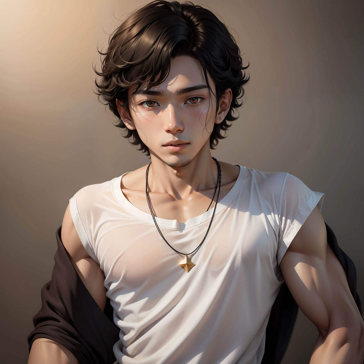 18-year-old Japanese boy,Black curly hair,Childish face and,Loose T-shirt,Slim physique,No muscles。The skin has detailed and highly detailed eyes(1.1 emphasis),Very detailed skin texture(1.1 emphasis)。Elongated necklace,Japanese male star style,realisticlying,skin texture is real human skin texture,Detailed Skin Pore,Complicated details,The eyes are very detailed,Pursing his lips dull