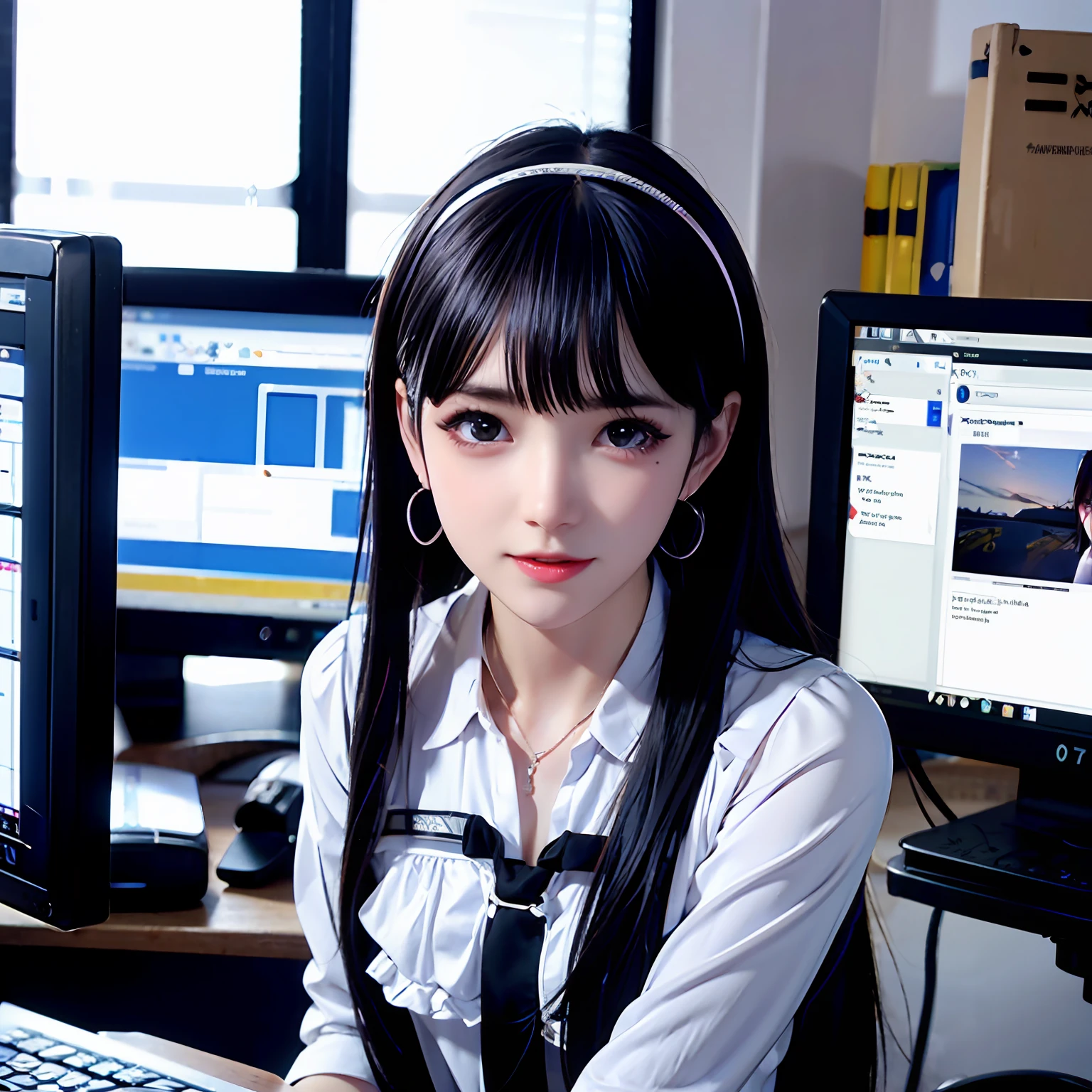 1 girl, Workplace uniforms, office room, Turn on the computer, heart - shaped face, short eyebrows, Colored Contact Lenses, Long colored eyelashes, Moles under the mouth, tahairband, Silver dress, Sparkling pupils, Heart-shaped mouth, Long fleshy hair, Blue hair, hoop earings, jewely, Down boots, Charming smile, bored atmosphere, Cinematic lighting, Ray tracing, hyper HD, ccurate, Textured skin, Super detail, highly details , Award-Awarded, Best premium, , Virtual Engine, 8K
