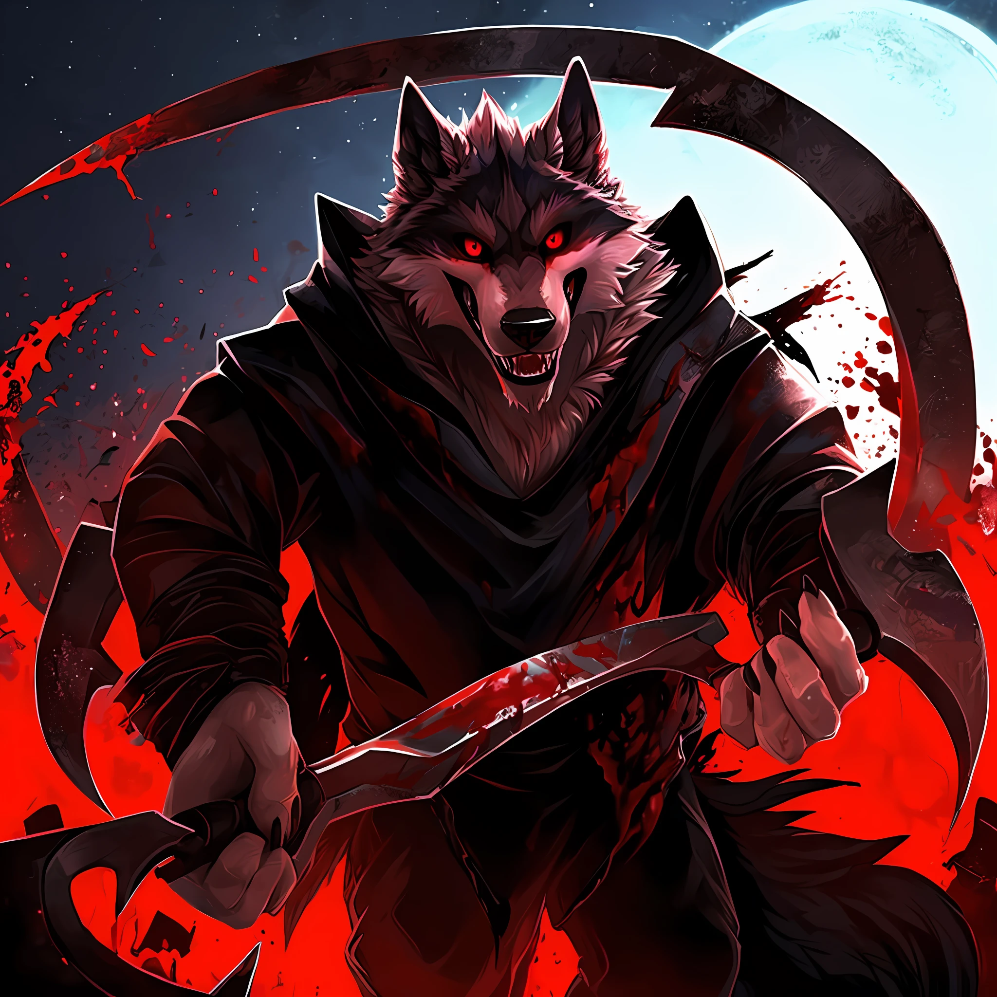 From now on Death wolf will kill anyone who crosses his path without mercy in his hand he is holding a scythe full of blood in the background has a house that is full of blood scene of terror and with a lot of blood in the background his clothing is full of blood of his previous victims is looking at the viewer with his red and dark eyes and saying something very disturbing you are very fun to play with just like your friends even if they haven't lasted that long it won't take long for you to join them and all my other friends you can't escape me I'm your worst nightmare I'm God I'm terror Hell is waiting for you