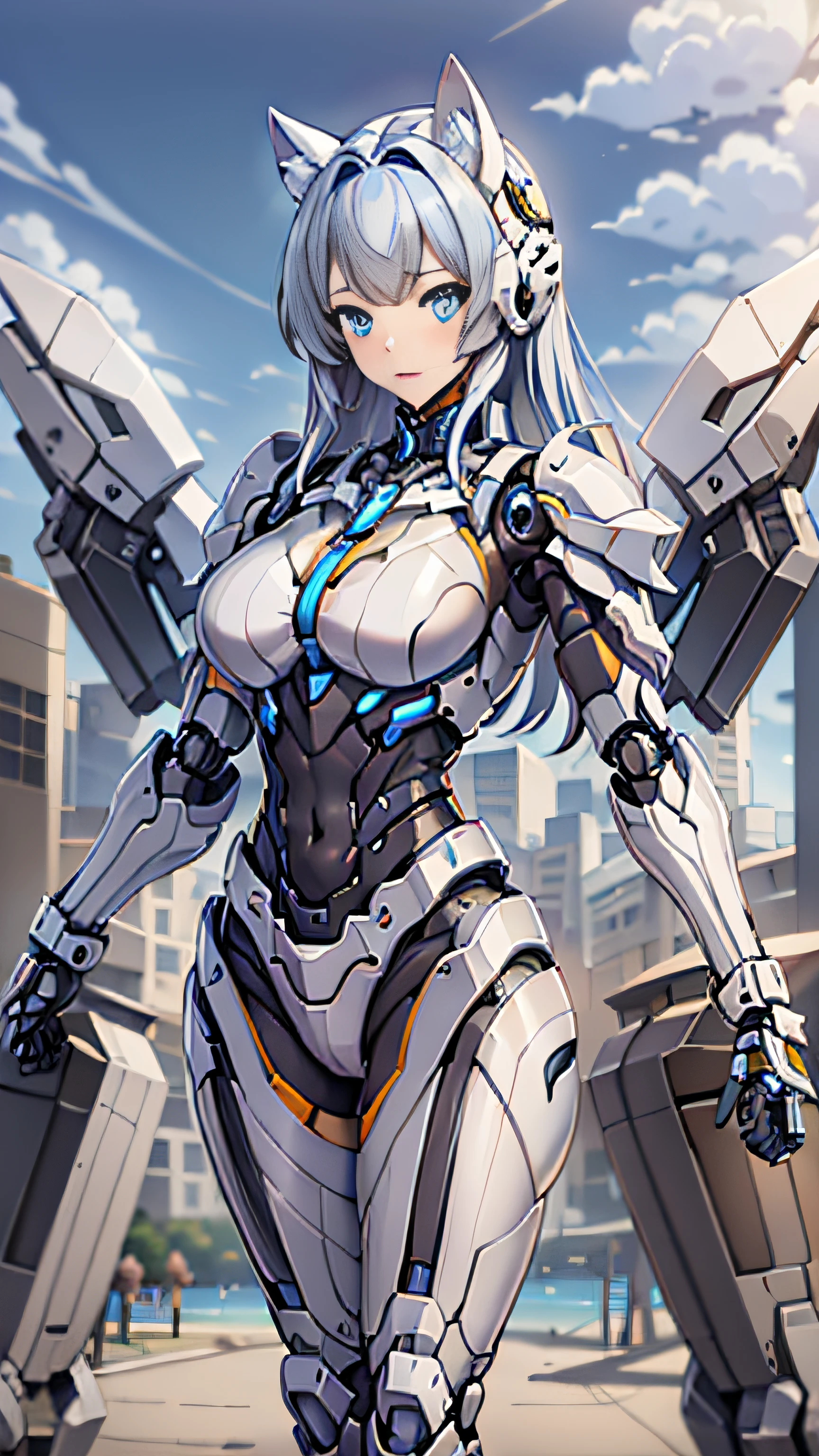 frontage,full bodyesbian,Heavy mechanical armor,Blue-white luxury mech,cat ear,Mecha details,Mechanical wings,arma,s girl,