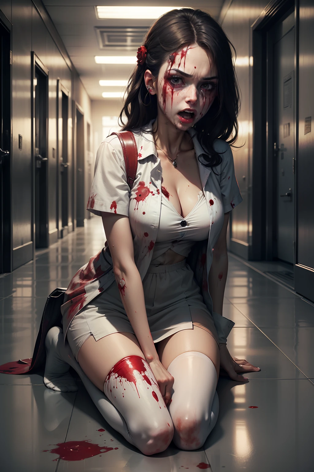 k hd，Kizi，Bloody face，bloodstained clothes，wounded，zombie，nurse's outfit，an empty hallway，hospitals，bite mark，Scratched clothes，Damaged clothes，messy  hair，white stockings，No shoes，Open-mouthed，Blood-stained socks