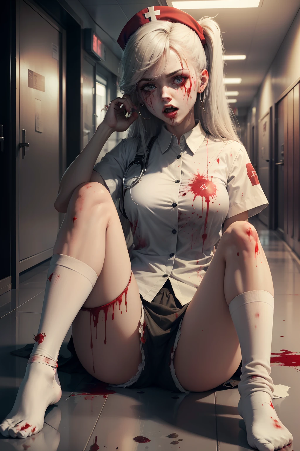 k hd，Kizi，Bloody face，bloodstained clothes，wounded，zombie，nurse's outfit，an empty hallway，hospitals，bite mark，Scratched clothes，Damaged clothes，messy  hair，white stockings，No shoes，Open-mouthed，Blood-stained socks