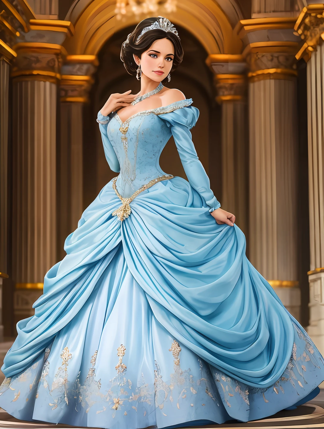 Cinderella is wearing a blue gown. Her hair is styled in an elegant updo. Ballroom walls are pearl white. Ballroom guests are elegantly dressed. ball gown and tuxedo. The setting is a grand ballroom with chandeliers and polished marble floors. The camera used is a high-end DSLR model. The composition focuses on Cinderella's steps. The viewpoint is slightly higher, capturing the grandeur of the scene. The lighting is soft and warm, creating a romantic atmosphere. The depth of field is shallow, with Cinderella clearly in focus and the background slightly blurred. The shutter speed was set to freeze the motion and capture the details of Cinderella's dress. The photos are of high quality, featuring vivid colors and sharp details. Additional photographic terms: bokeh effect, golden hour lighting, wide aperture.