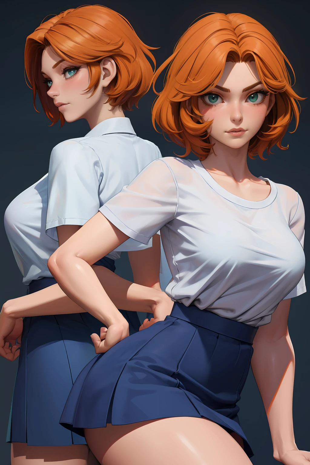 8k,masterpiece, bset quality,big, (1 girl), Triss Marigold, green_eyes, orange hair, short hair, professional lighting, (shiny skin: 1.2), shiny big, ((best quality)), sharp focus: 1.2, highly detailed face and skin texture, detailed eyes, perfect face, perfect body, blur art, cg, background, Big breasts, presence (20yo, mature cool and beautiful face), wearing ((blue skirt), white taut shirt, thigh), blush, (mittgal), random pose, top view, perfect eye, angry face