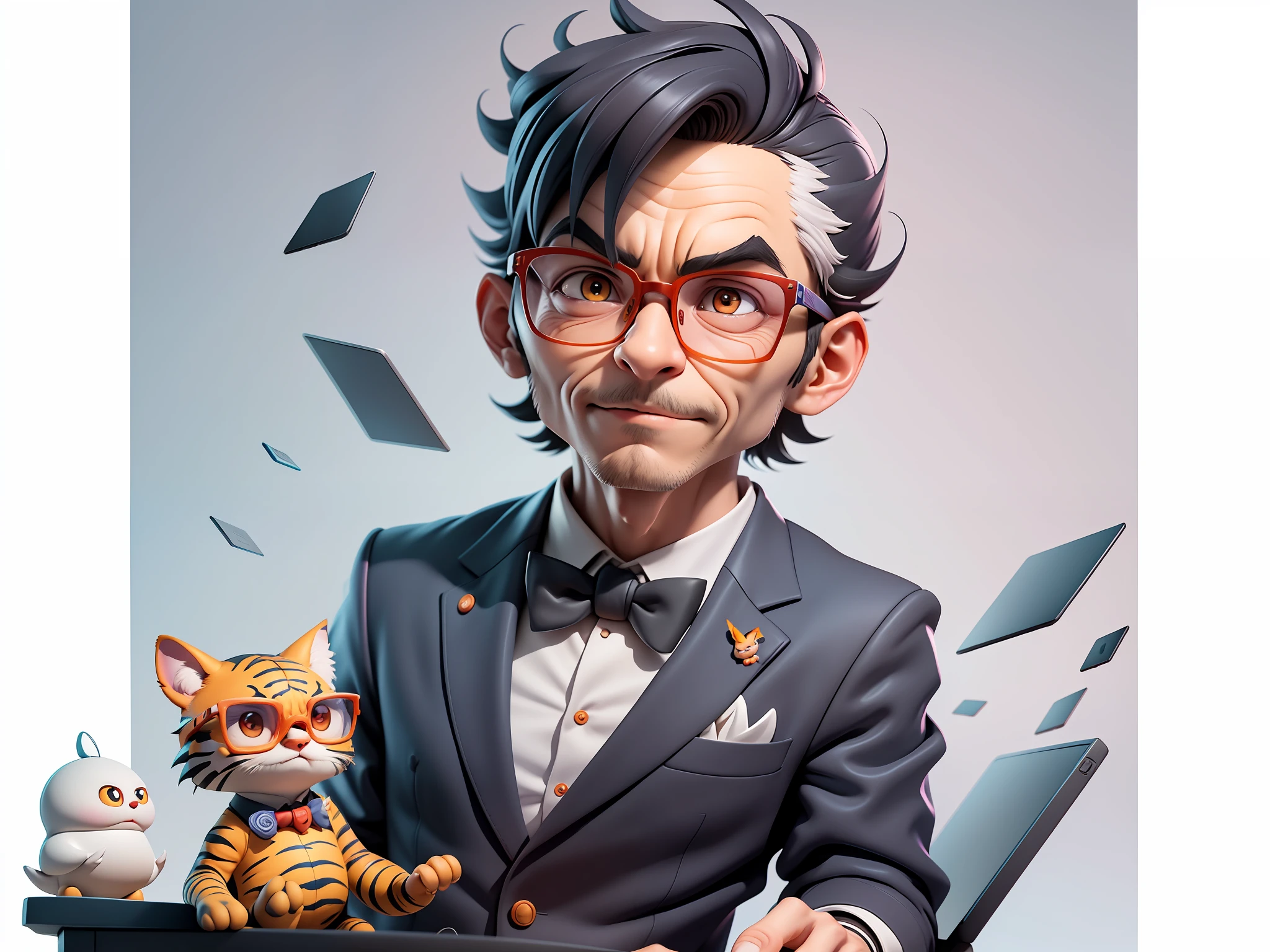 A young man in a suit, Short hair and glasses sat at his desk,holding laptop,digitial painting,tigre,3D character design by Mark Clairen and Pixar and Hayao Miyazaki and Akira Toriyama,4K HD illustration,Very detailed facial features and cartoon-style visuals。