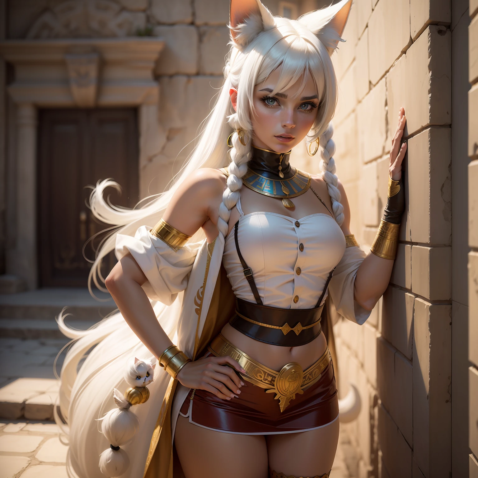 Un llamativo, highly realistic photo of a white-haired woman dressed as Meowth from Pokémon, with a vibrant representation of the costume and an Egyptian backdrop.